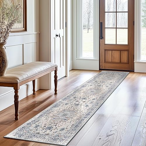 BESTSWEETIE 2x8 Area Rug Washable Rugs for Living Room, No Pile Boho Carpet for Entryway Bedroom Dinning Room, Vintage Carpet Print Distressed Non-Slip, 2 x 8 ft, Beige Blue