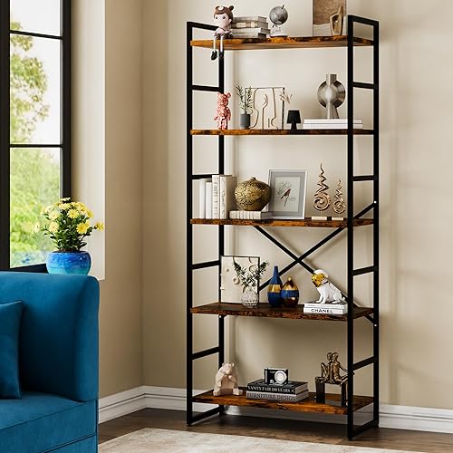 Meilocar Estantería alta de madera de 5 niveles con marco de metal, estante moderno para libros, organizador de libros independiente, estantes de