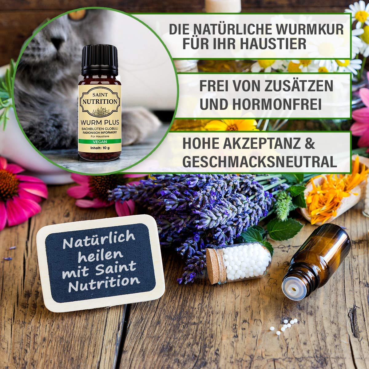Saint Nutrition® GRANULES vermifuges véganes Anti-vers pour Animaux – Le Vermifuge antiparasitaire pour Chiens + Chats, Bien-être intestinal et végétalien pour Chien & Chat, Contient 10 g
