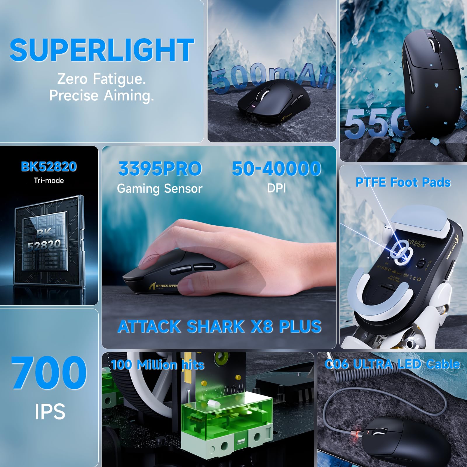 ATTACK SHARK X8 PLUS Bezprzewodowa Mysz Gamingowa z Przewodem LED C06 Ultra, 55g SUPERLEKKA, dla Dużych Dłoni, Sensor PixArt PAW3395PRO, BT/2.4G/USB, 40000 DPI, Bateria 500mAh (Czarna)