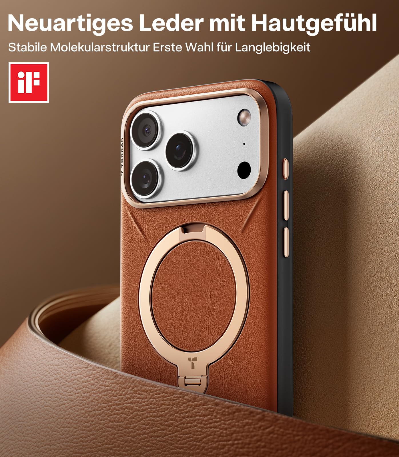 TORRAS Ostand Q3 VegSkin für iPhone 17 Pro Max Hülle (Nachhaltig Silikonleder) (360° Magnetischer Unsichtbarer Ständer) Premium Haptik Langlebig Hülle iPhone 17 Pro Max Case Edle Lederstruktur Braun
