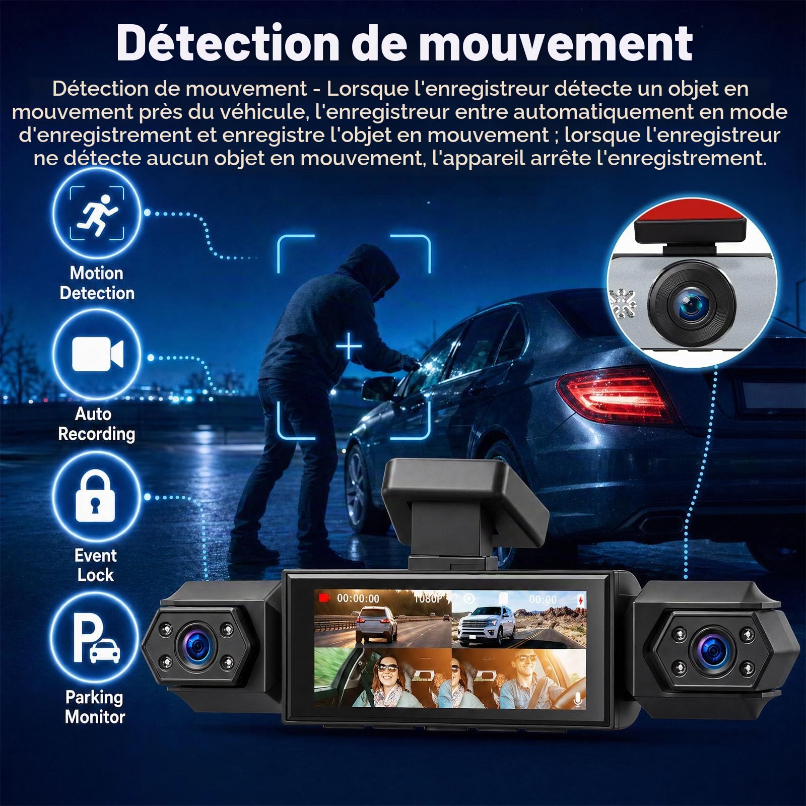 SIXTOP Dashcam Voiture 4 Canaux 1080P avec Écran IPS 3,16 Pouces | 4 Caméras Vision à 360° : Enregistrement en Boucle, Détecteur de Mouvement, Vision Nocturne, Caméra de Recul, DVR Auto Jusqu’à 64 Go