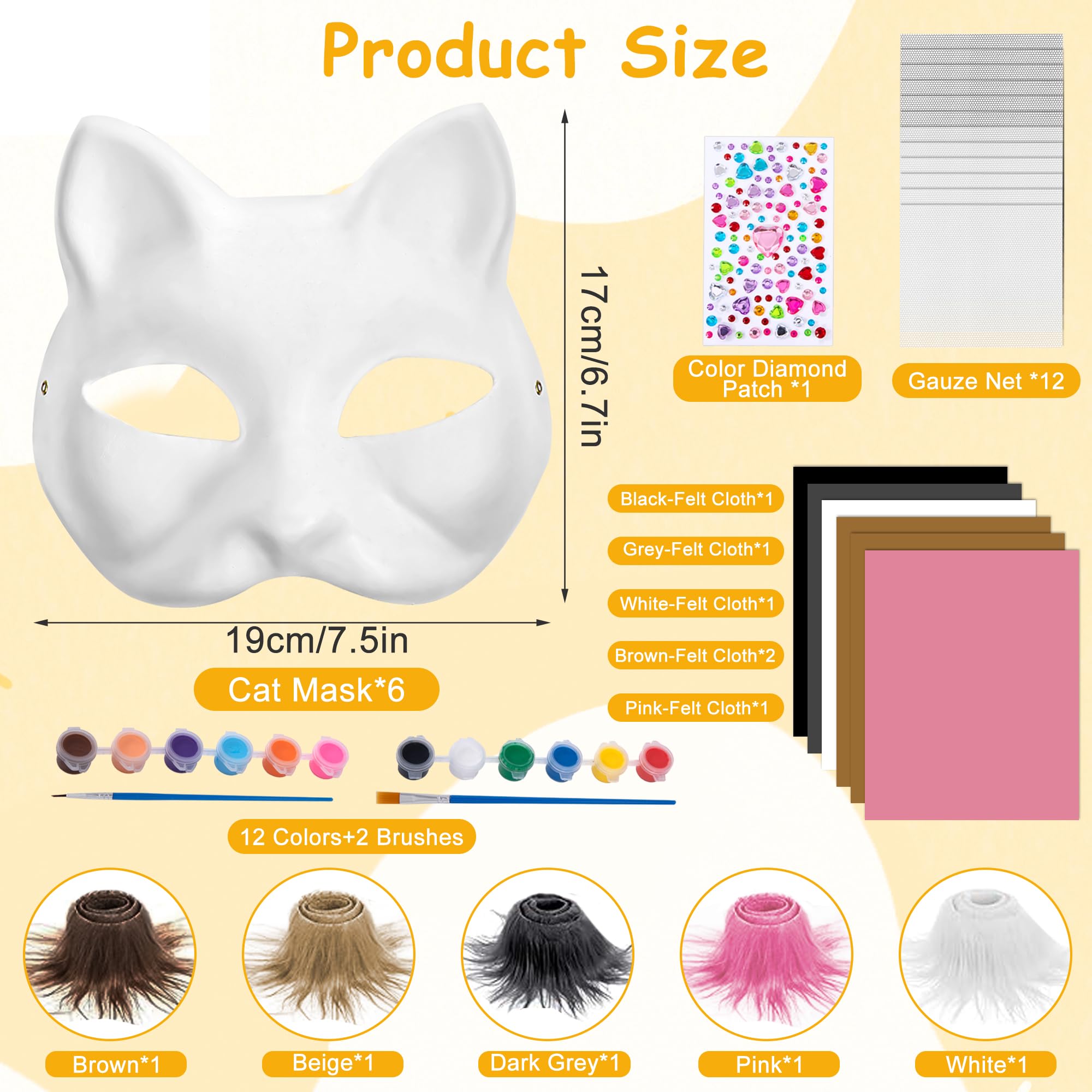 Tunejoy Maschera Gatto Bianca Vuota 6 Pezzi Therian Maschera Gatto Kit DIY Dipinta Mano Maschere con Finta Pelliccia e Foglio di Feltro per Carnevale Cosplay Natale Halloween