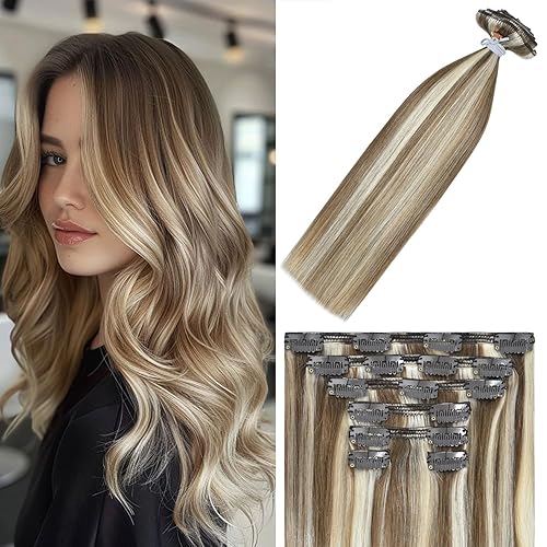 Miniatura 1 de WindTouch Extensiones de cabello humano con clip, balayage, rubio ceniza degradado a rubio platino, cabeza completa, 14 pulgadas, 4.23 oz, 7 piezas