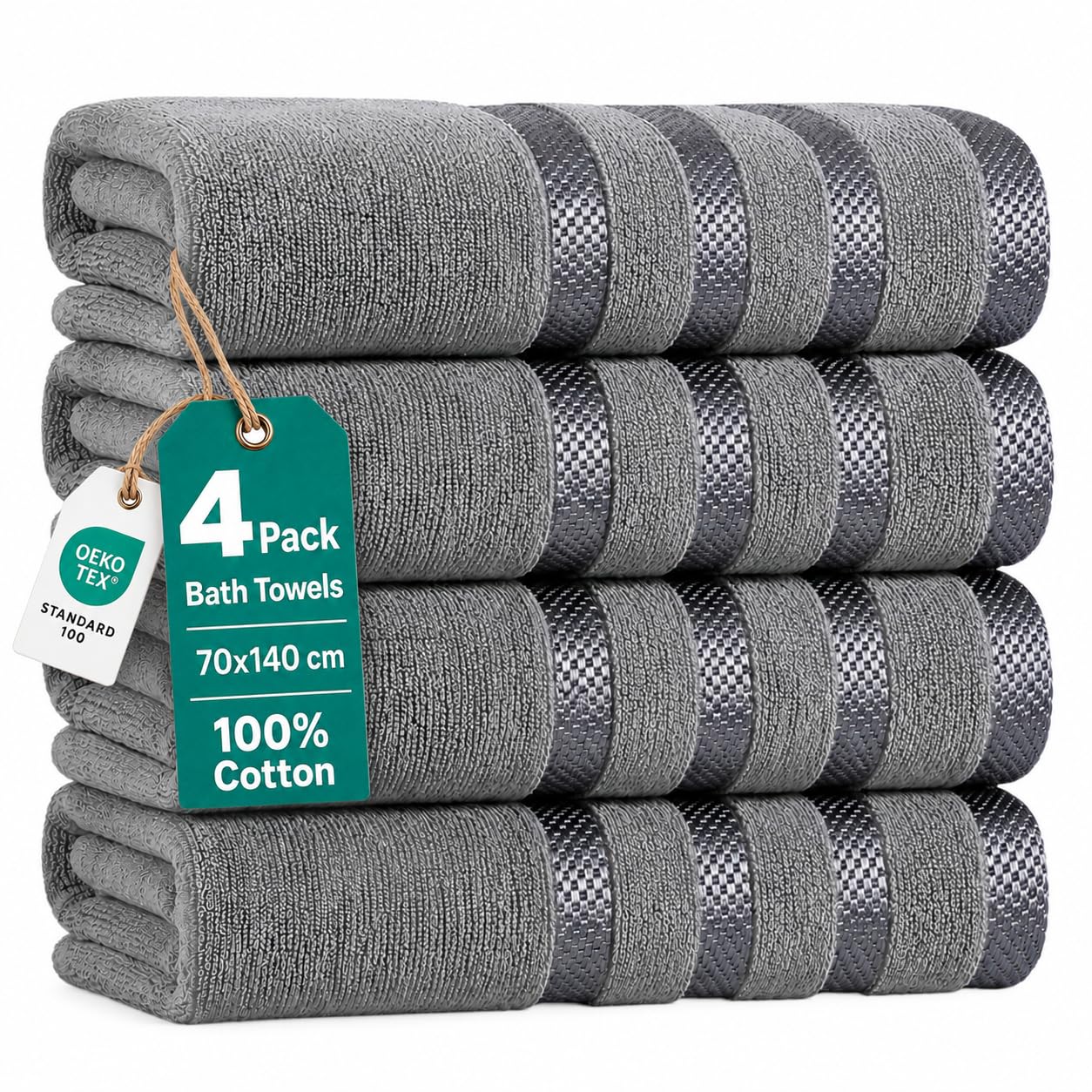 Weave Essentials Bath Towels 4 Piece Set, 70x140cm, 100% Combed Cotton Large Bath Towel Set, Soft Absorbent Quick Dry Towels, Luxury Hotel Quality, Machine Washable Bathroom Towels (Grey)