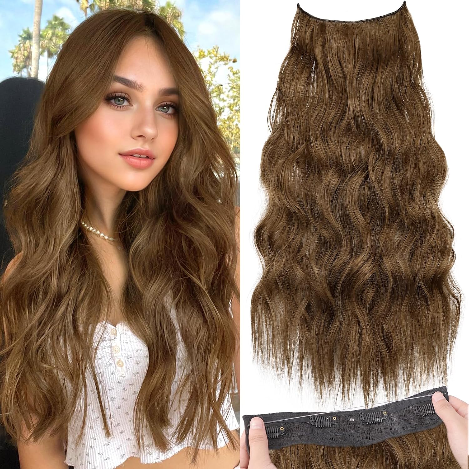 KooKaStyle Invisible Wire Hair Extensions with Transparent Headband Adjustable Size 4 Secure Clips Long Wavy Secret Wire Hairpiece 24 Inch for Women(COCOA#) 24 Inch COCOA#