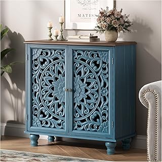 Blue Accent Cabinet with Carved Doors, 31