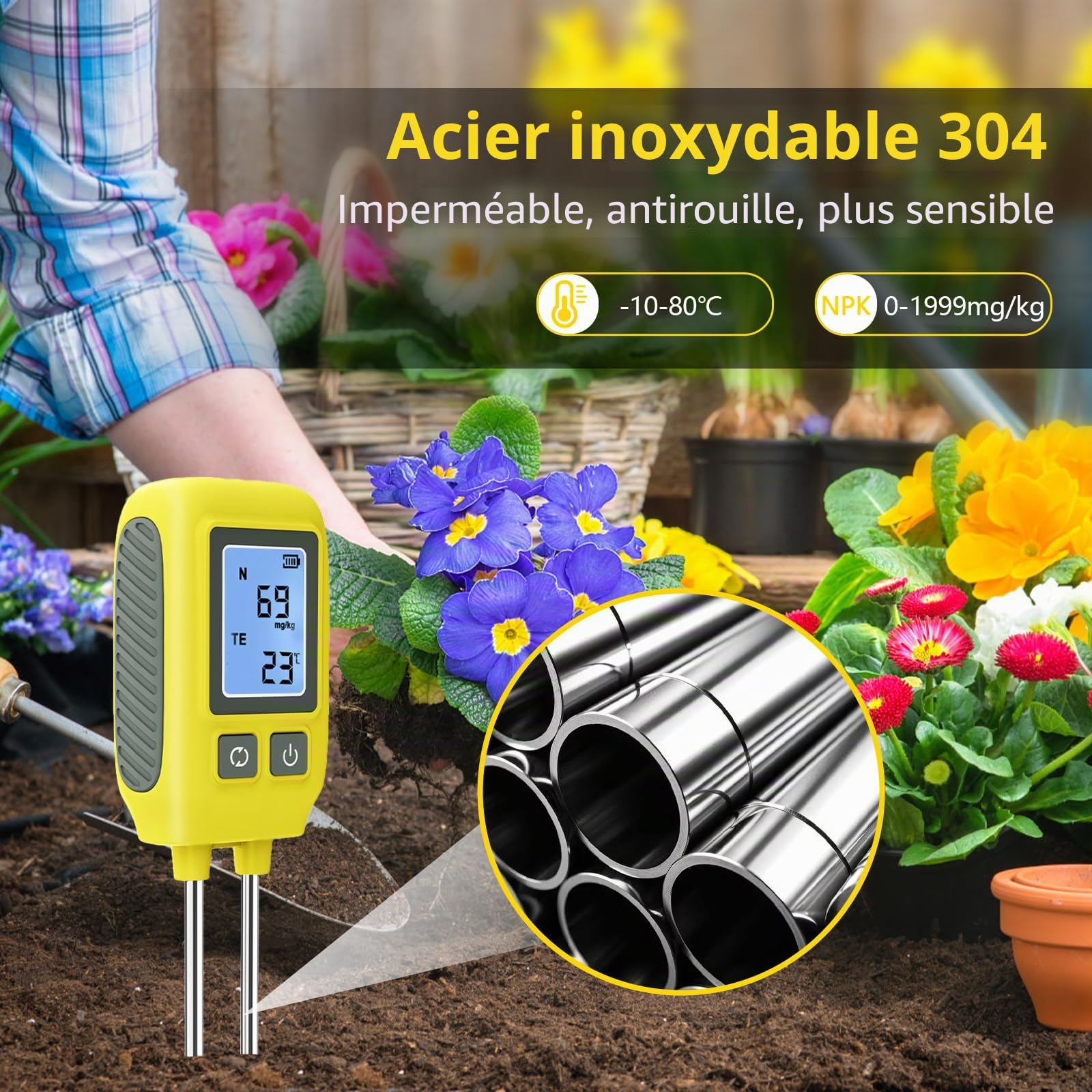 WingFly Testeur de sol 4 en 1 NPK - Instrument de mesure du sol P/N/K - Détecteur d'oligo-éléments - Testeur précis et réutilisable pour l'azote, le phosphore, le potassium et la température du sol