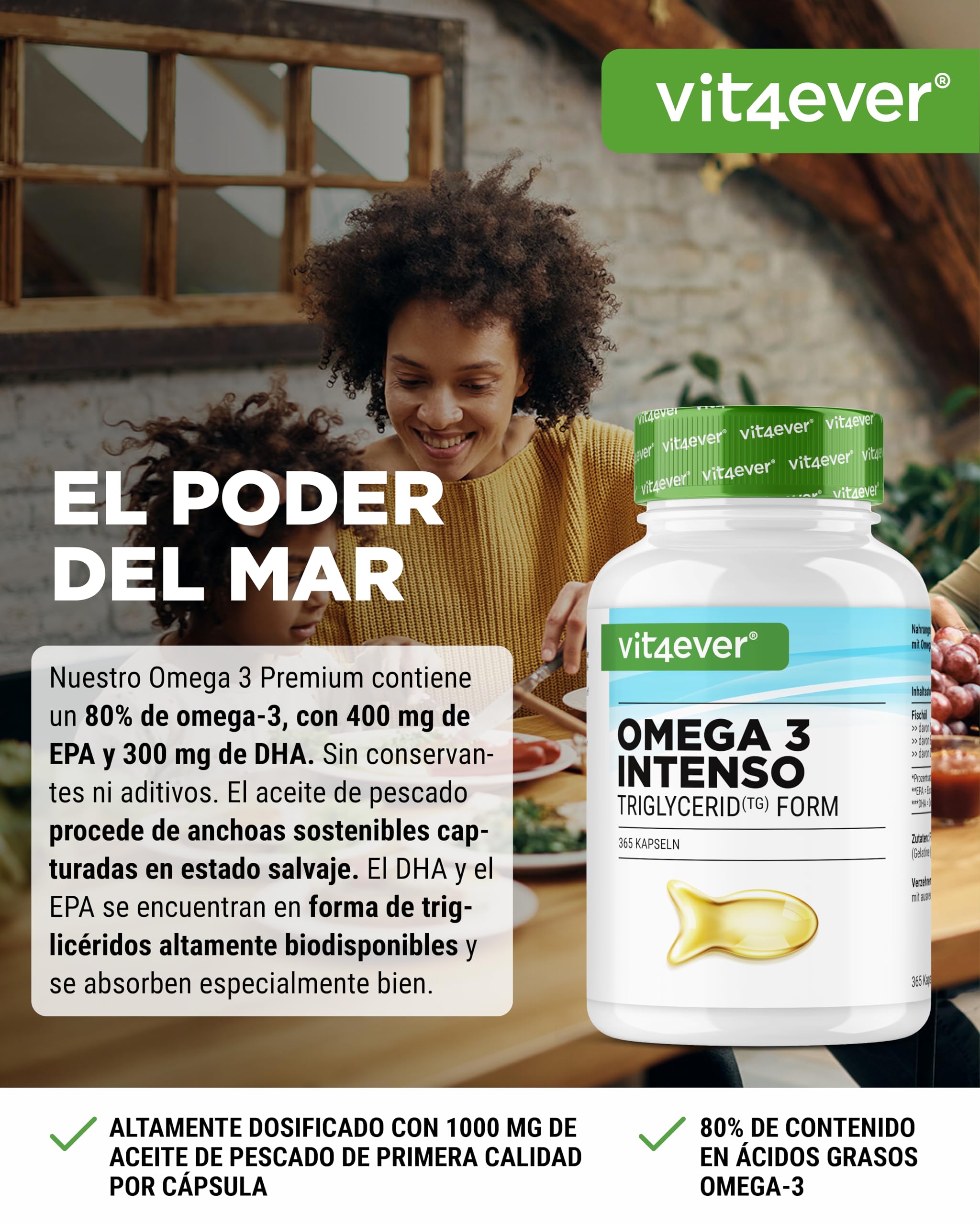 Omega 3 Premium Con Einem 80% De Ácidos Grasos - 365 Cápsulas - 1000 Mg De Aceite De Pescado Por Cápsula Con EPA Y DHA - En Forma De Triglicéridos - Elaboradamente Purificado A Partir De Pesca Sosteni