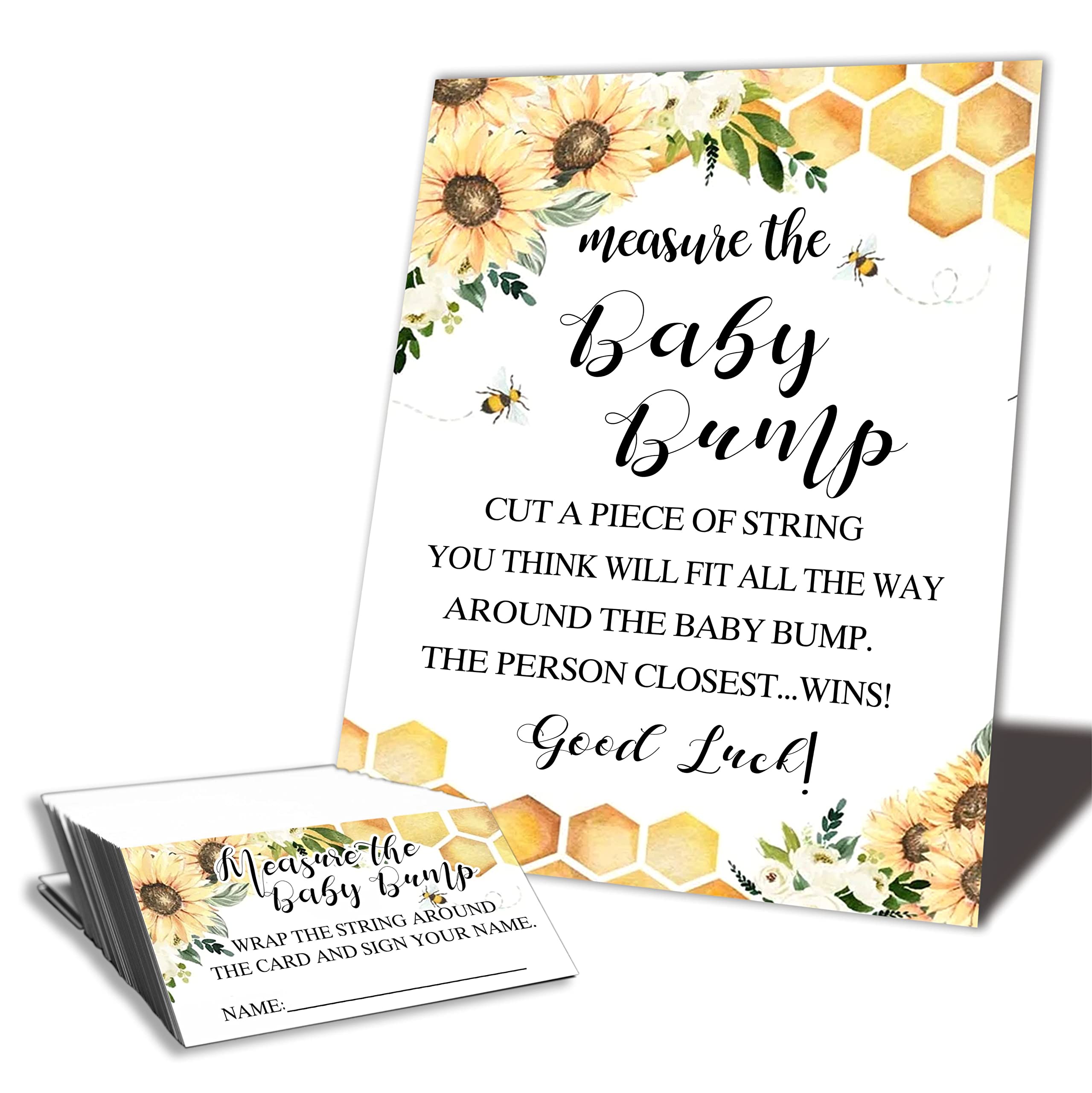 DZIMY Baby Shower Measure The Baby Bump Kit - Bee & Sunflower Guess, How Big Is Mommy's Belly - 1 Sign & 50 Tickets，Decorations For Gender Reveal & Baby Announcement, Party Favor & Supplies-DWLK-B03