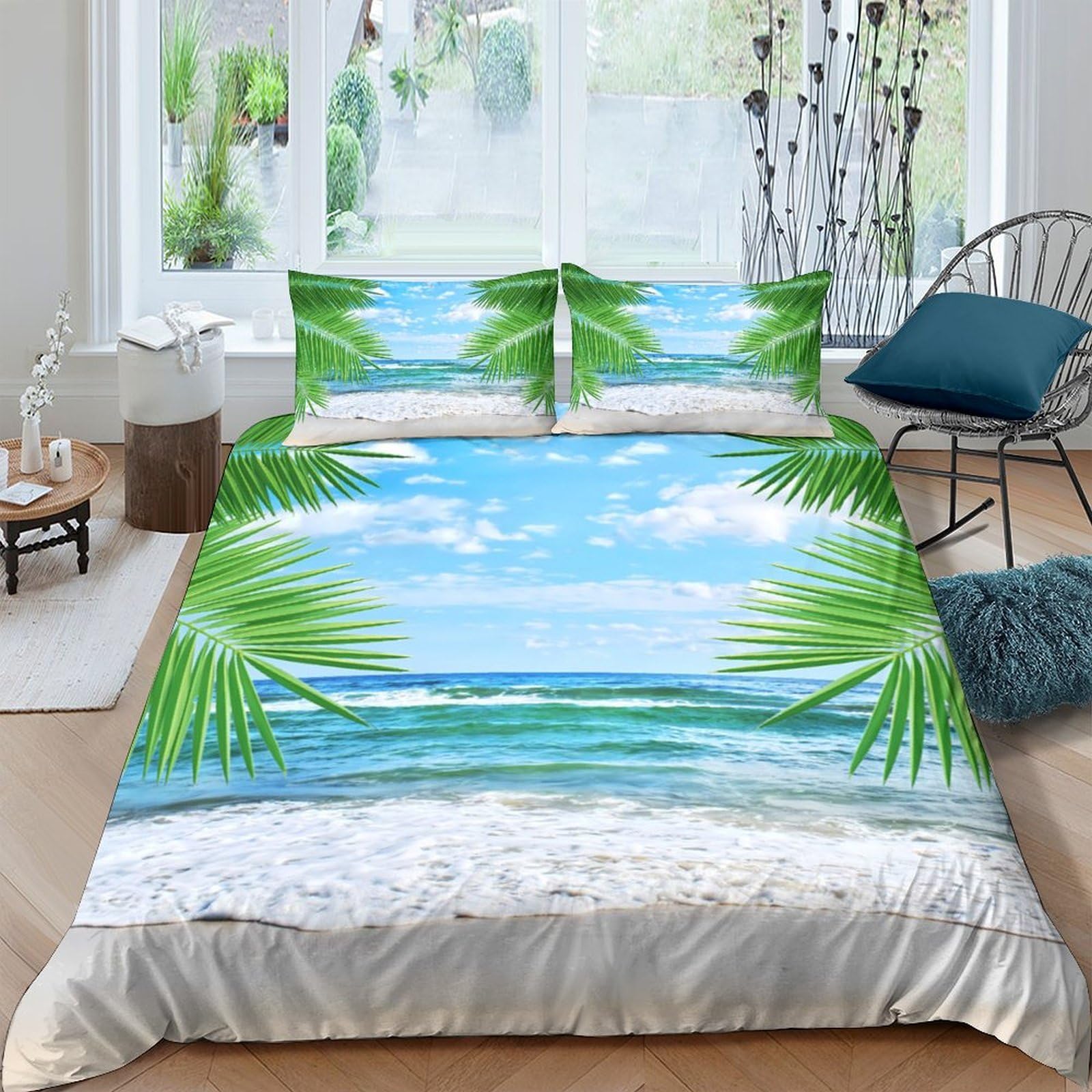 Ctjqhvkz Style-5 3D Printed Tropical Beach Fitted Sheet Microfiber Soft Breathable Palm Leaf Mattress Cover For Bedroom Guest Decor Single（135X200cm）