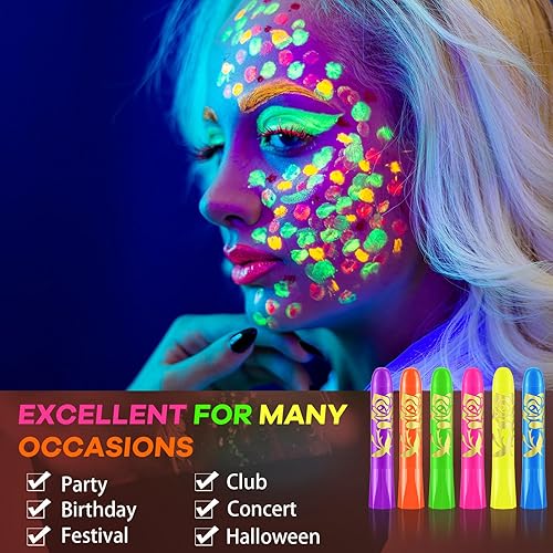 Miniatura 6 de Tenceur 48 piezas de pintura corporal que brilla en la oscuridad bajo los rayos UV y la luz negra, kit de pintura facial de neón para fiestas de