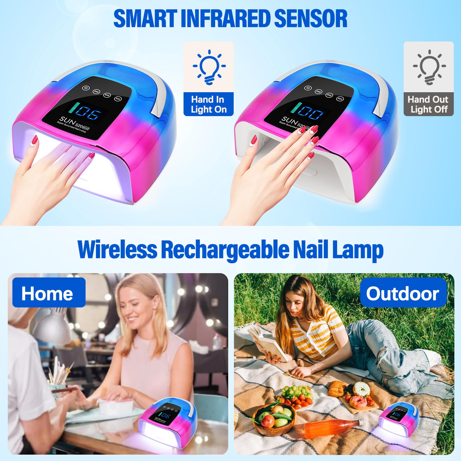 UV-LED-Nagellampe, kabellos, 128 W, tragbarer Nageltrockner, wiederaufladbares UV-Licht für Gel-Nägel, schnell aushärtende kabellose Gel-Nagellack-Lampe mit intelligentem Sensor, 3 Timer, 48 LEDs,