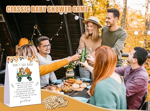 Miniatura 5 de Juego de pinzas para ropa de bebé, juego de calabaza para baby shower, un letrero de 5 x 7 pulgadas y 50 mini pinzas naturales para la ropa, género