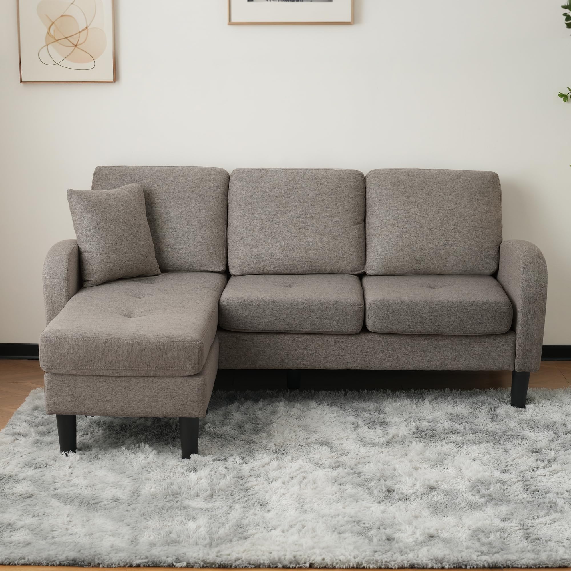 Cayipng Sofá esquinero en forma de L con chaise longue – Sofá de 3 plazas, 185 x 118 x 82 cm, tejido de algodón y lino transpirable, patas de plástico, ideal para salón, apartamentos y oficinas, gris