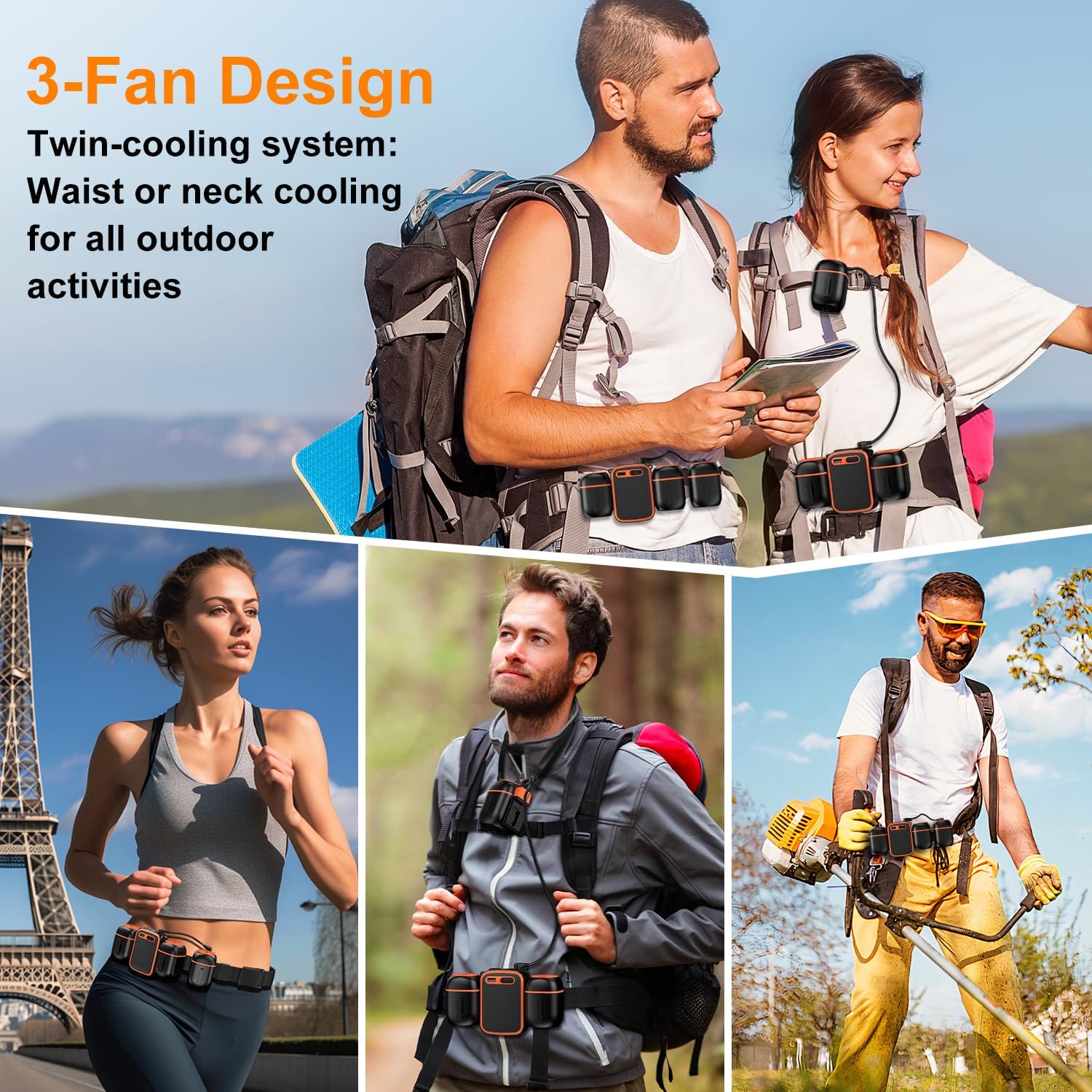 Ventilador de cintura portátil 2025 con ventiladores pequeños dobles para viento 10 veces fuerte y amplia área de enfriamiento, batería de 10000 mAh, más de 30 horas de tiempo de trabajo
