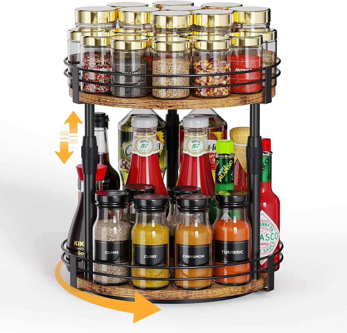 Lazy-Susan-Organizer-Spice-Rack, 2-Tier Rotating Spice Organizer For Kitchen-Cabinet-Countertop-Pantry, Turntable Seasoning Holder Storage Shelf With Adjustable Height