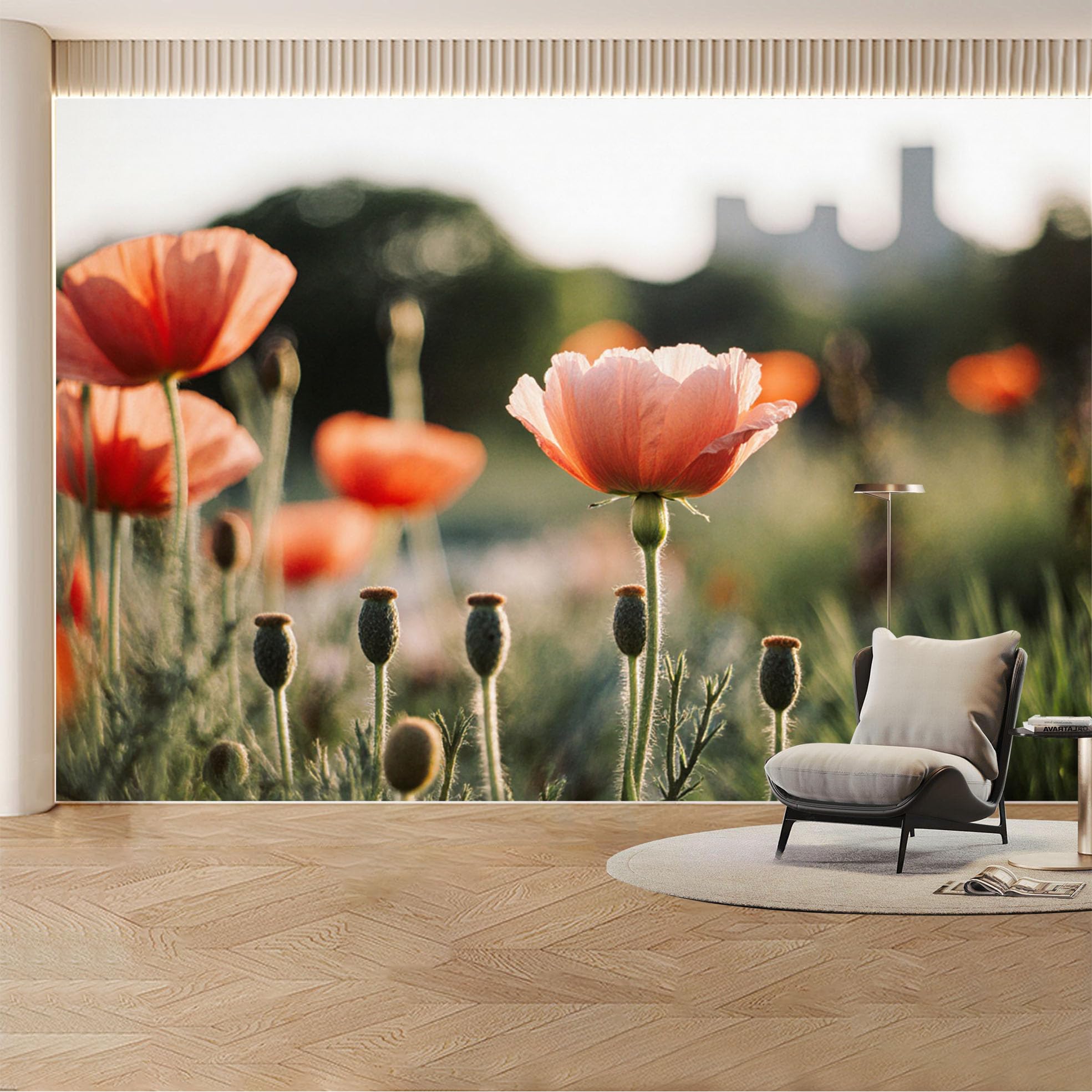 Custom Wall Mural Wallpaper Poppy Flower Landscape Nature Wall Decor Large Wall Art Sunset Minimalist Removable SelfAdhesive Large Photo for Living Room， Bedroom， Office