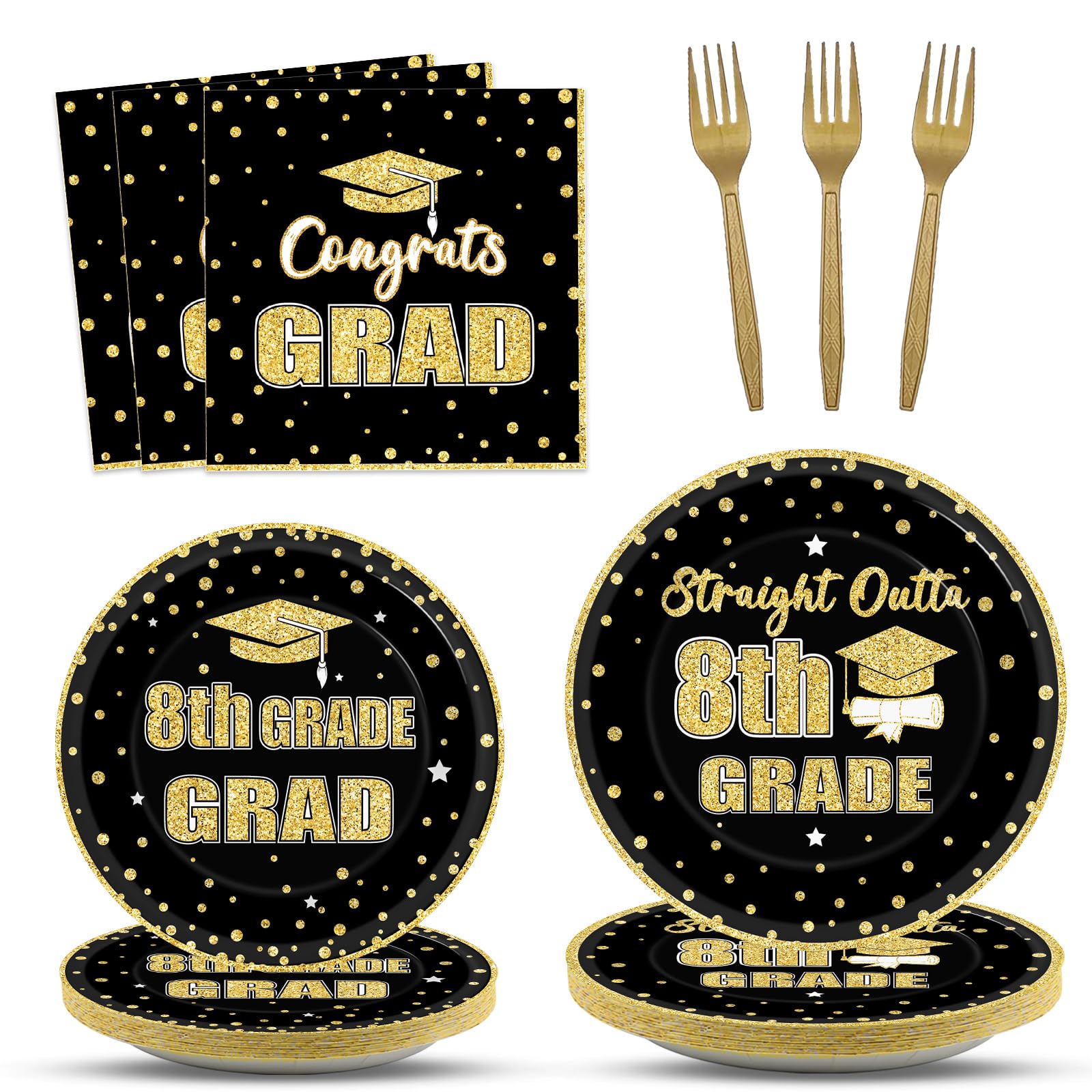 96 Pcs 8th Grade Grad Party Supplies for 24 Guests Eighth Grade Tableware Plates Napkins Teens Graduation Dinnerware Table Decorations for Congrats