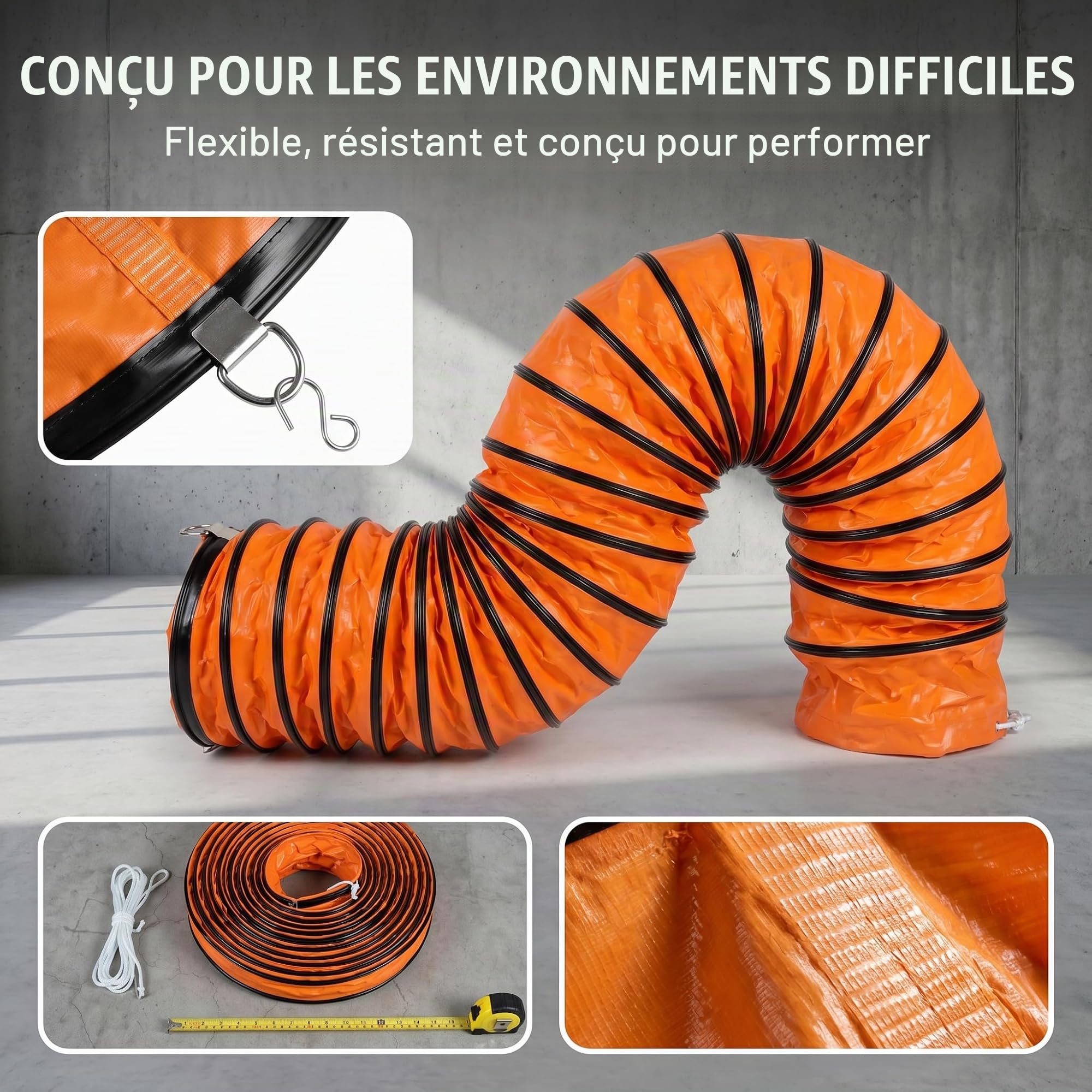 bimiti Tuyau d'air chaud en PVC - Flexible - Diamètre : 300 mm - Longueur : 5 m - Avec anneau en D et crochets - Pour ventilateur de chantier