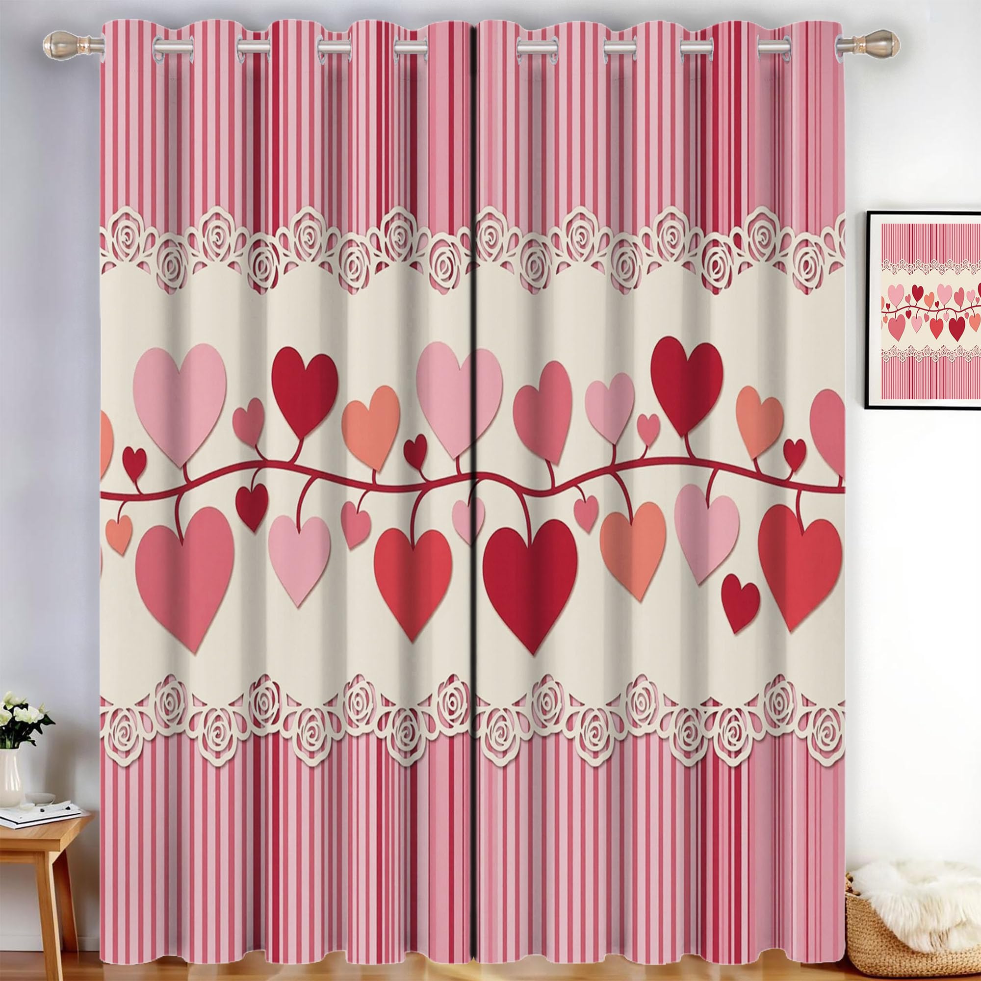 Verdunklungsvorhänge mit Ösen 2er Set H138 x B117 cm Blickdichte Vorhänge Herzförmige Spitzenstreifen Thermovorhänge Bohème-Stil Gardinen für Wohnzimmer Schlafzimmer Balkon Fensterdeko, Hellrosa