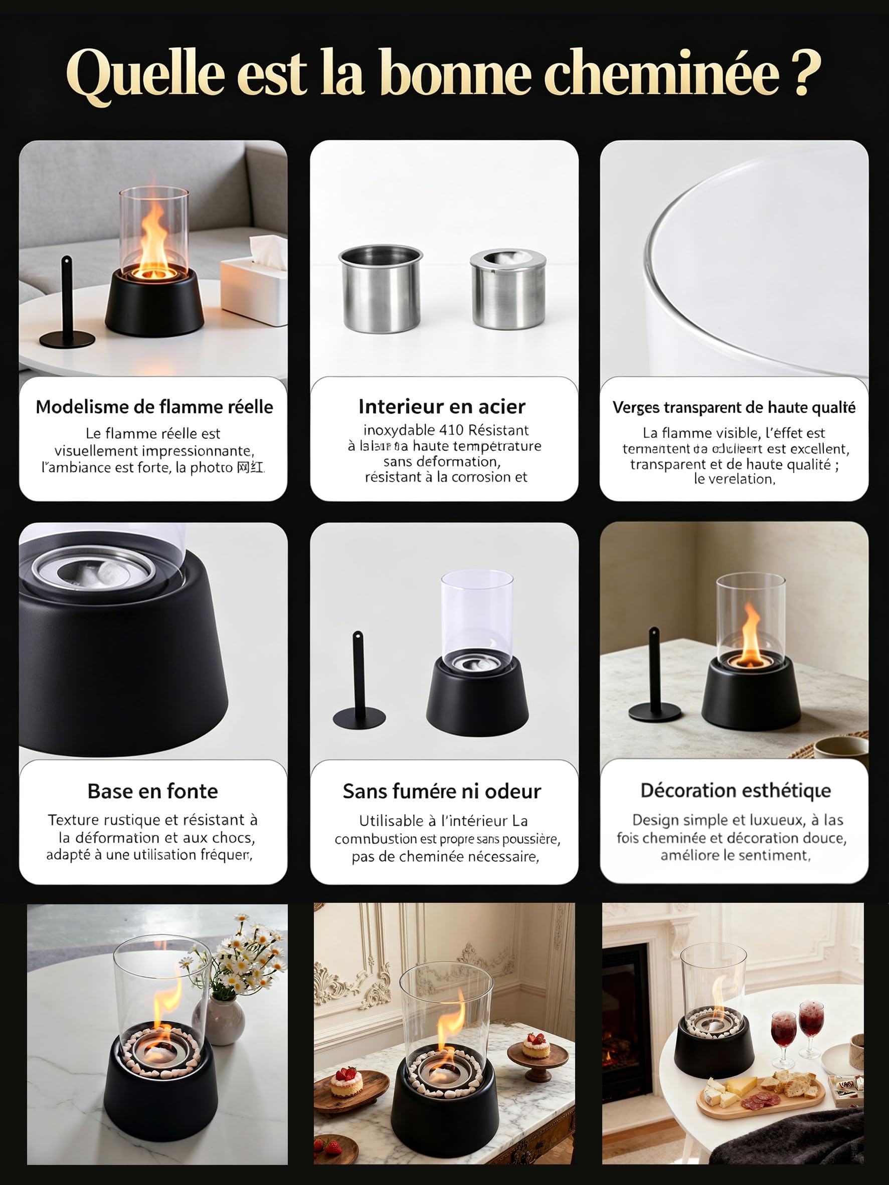 Brasero De Table - Décoration Design intérieur Portable - Cheminée Table Design bioéthanol - Idéal pour Camping Cour Chambre à Coucher Chevet Fête d'anniversaire Jardin Balcon