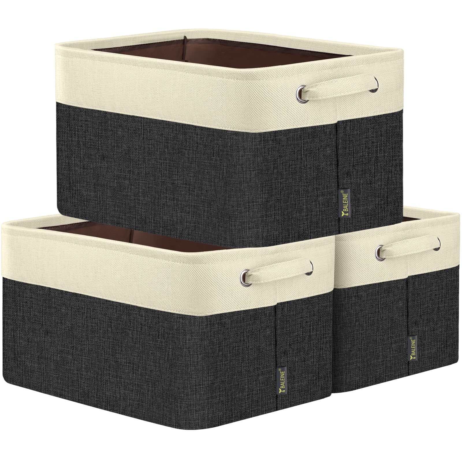BALEINE 3 Pack Fabric Closet Storage Bins for Shelves, Linen Closet Organizers and Storage, Decorative Baskets for Organizing, Shelf, Clothes, Home, Office (Black, 15"x11"x9.5")