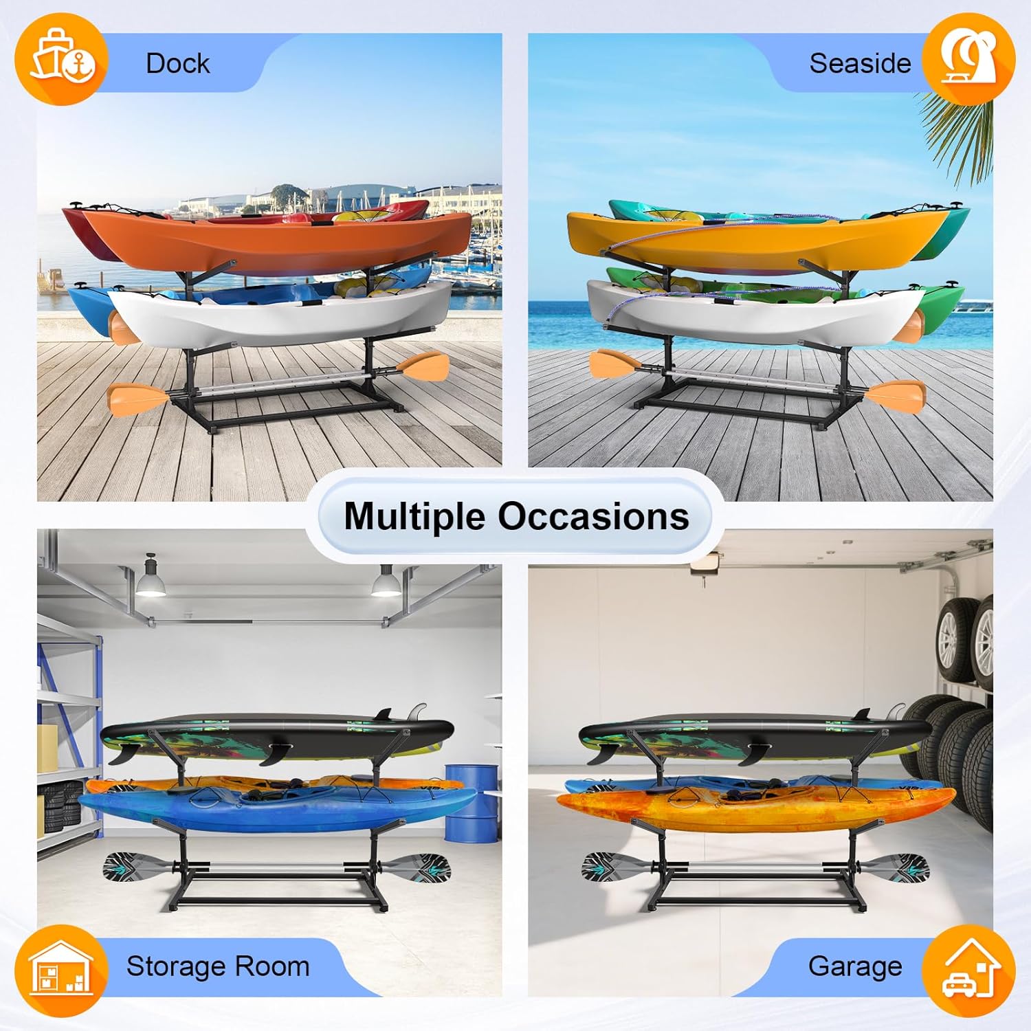 Kayak Storage Rack, Adjustable Heavy Duty Kayak Racks for Garage and Outdoor Storage, Freestanding Storage Rack for Kayak, Canoe, Surfboard & Paddleboard