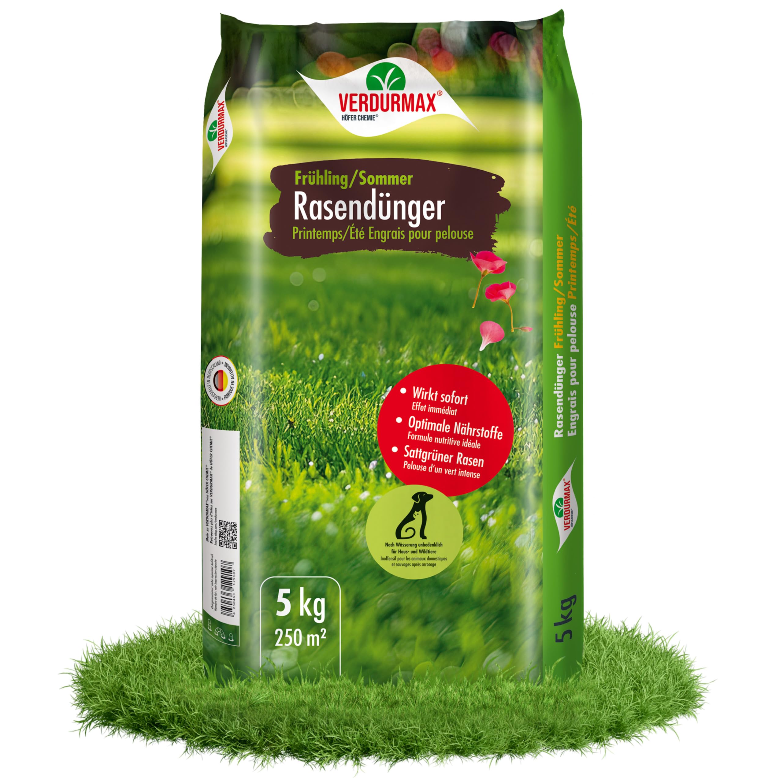Verdurmax 5 kg d'engrais pour gazon Printemps & Été – Engrais à libération prolongée avec azote pour 250 m² de gazon vert luxuriant – Sans danger pour les chiens – Compatible avec épandeur