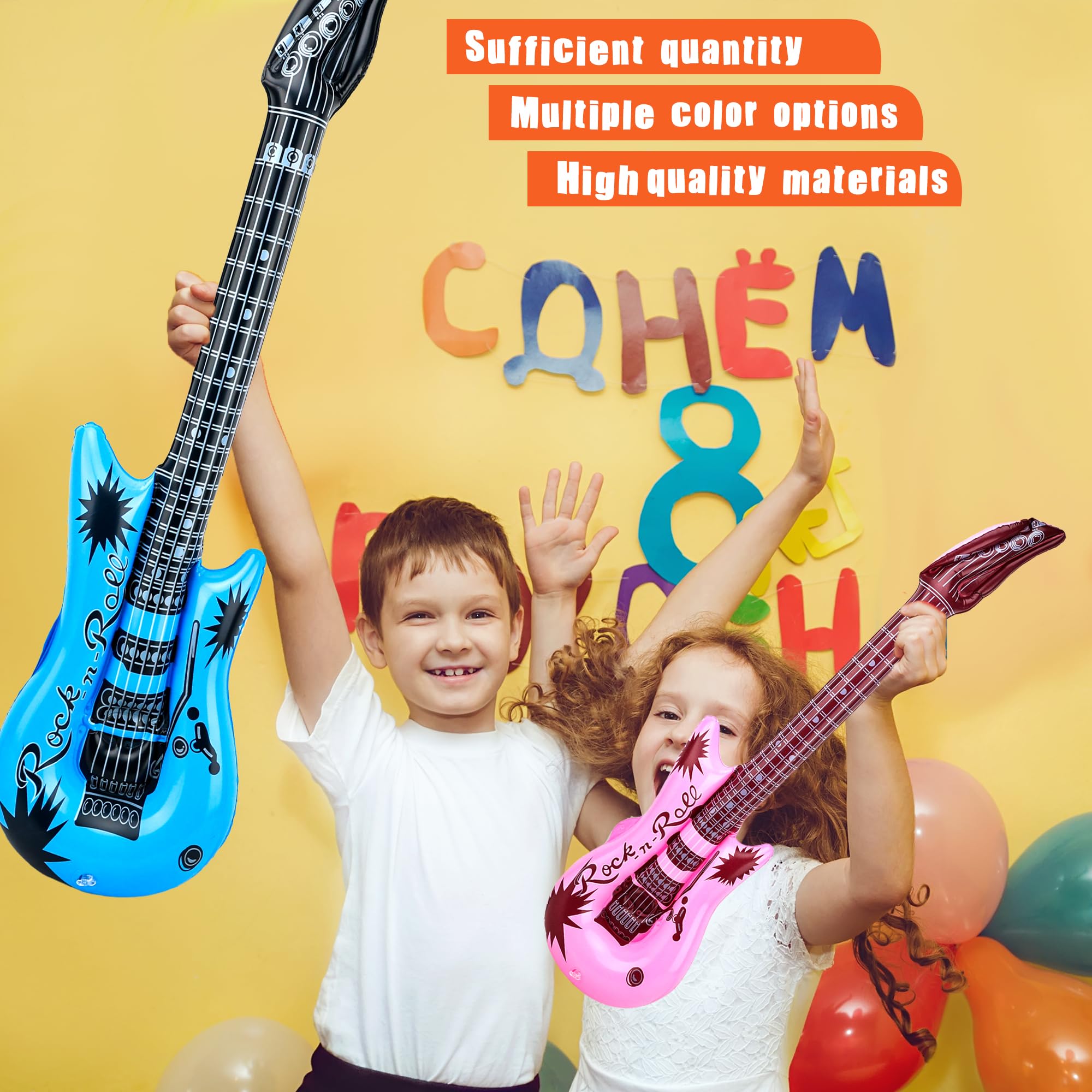 42 guitarras inflables incluyen 18 guitarras inflables de estrella de rock de 21.7 pulgadas y 24 guitarras inflables de 37.4 pulgadas con 2 bombas de aire rojas para fiestas de los años 80 y