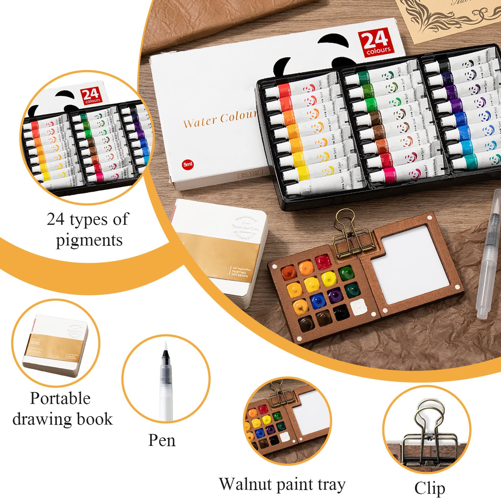 Noce Acquerelli da Viaggio 15 Griglie Tavolozza per Dipingere Magnetico Kit Pittura Include 24 Colori un Blocco da Disegno Pennelli e un Raccoglitore Set da Viaggio Portatile Pieghevole