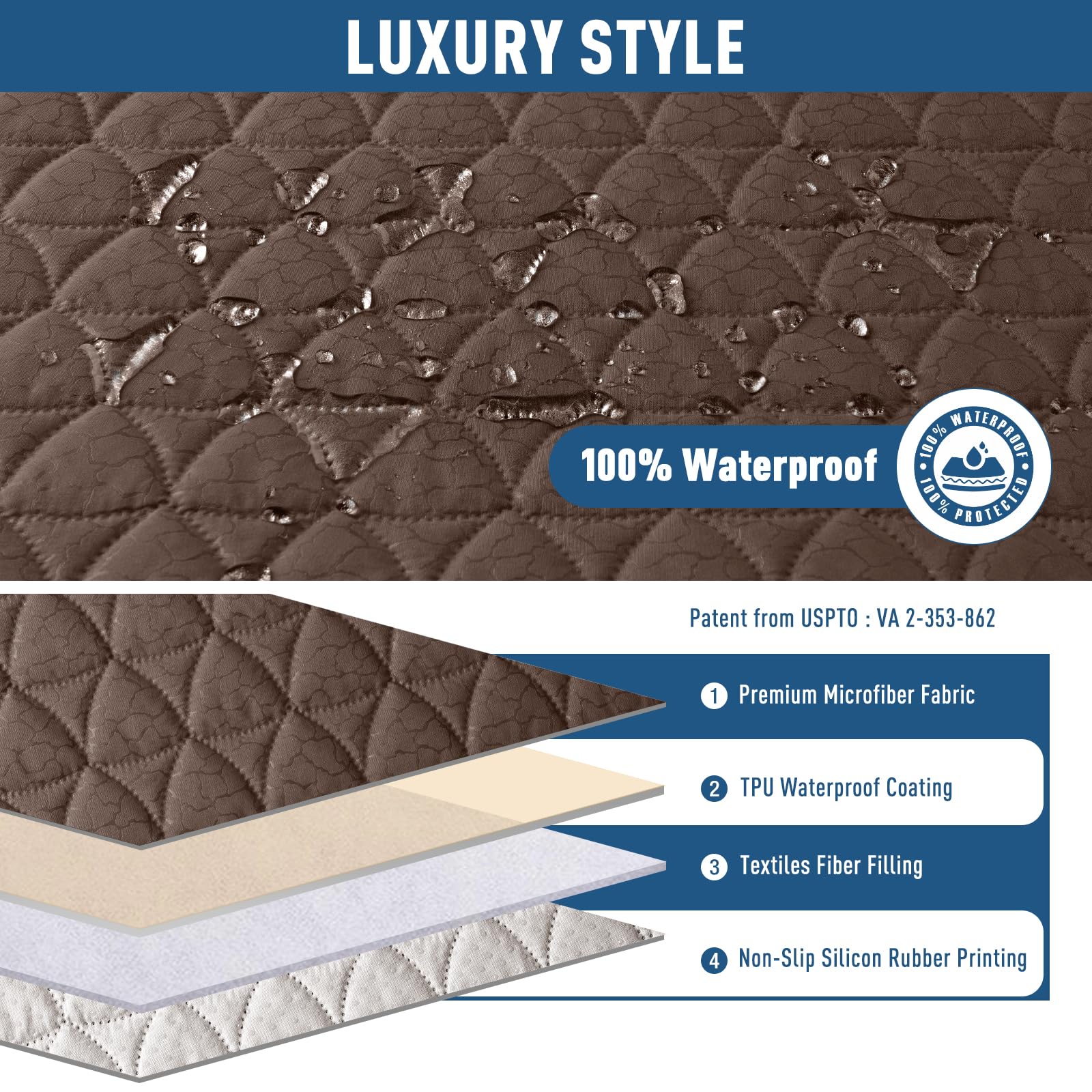 Funda de sofá reclinable 100% impermeable, funda antideslizante para sofá reclinable de 3 plazas, con correas elásticas para las piernas, lavable, apta para mascotas (marrón, 3 plazas) 2