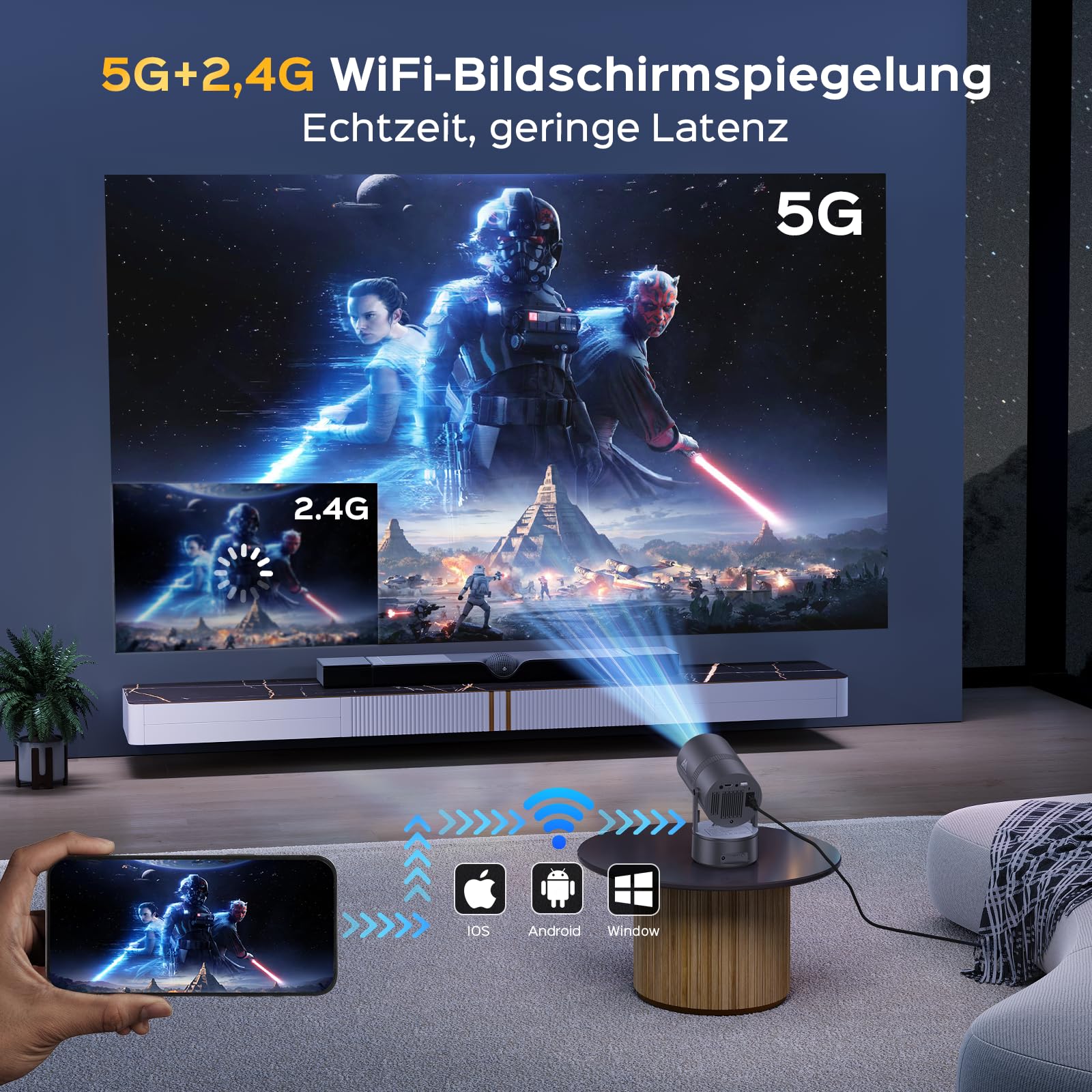 [Batterie intégrée] Aubor Mentech Mini vidéoprojecteur 4K Home Cinéma, Mini projecteur, vidéoprojecteur WiFi6 et BT5.2 avec Android OS, correction trapézoïdale automatique, angle de 180 degrés, écran