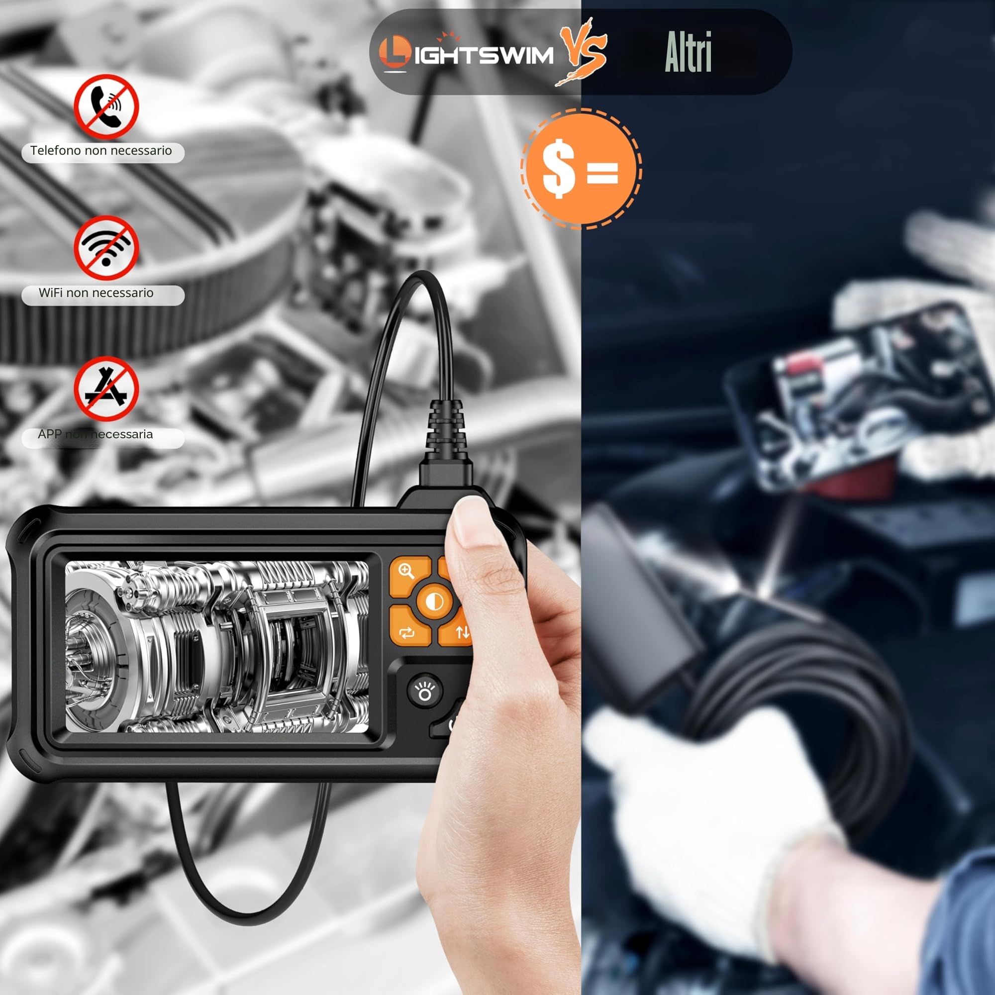 Boroscopio digitale HD a doppia lente, 1080p, IPS da 4,3", telecamera di ispezione con palmare IP67, impermeabile, con 8 luci LED, cavo semirigido da 5 m