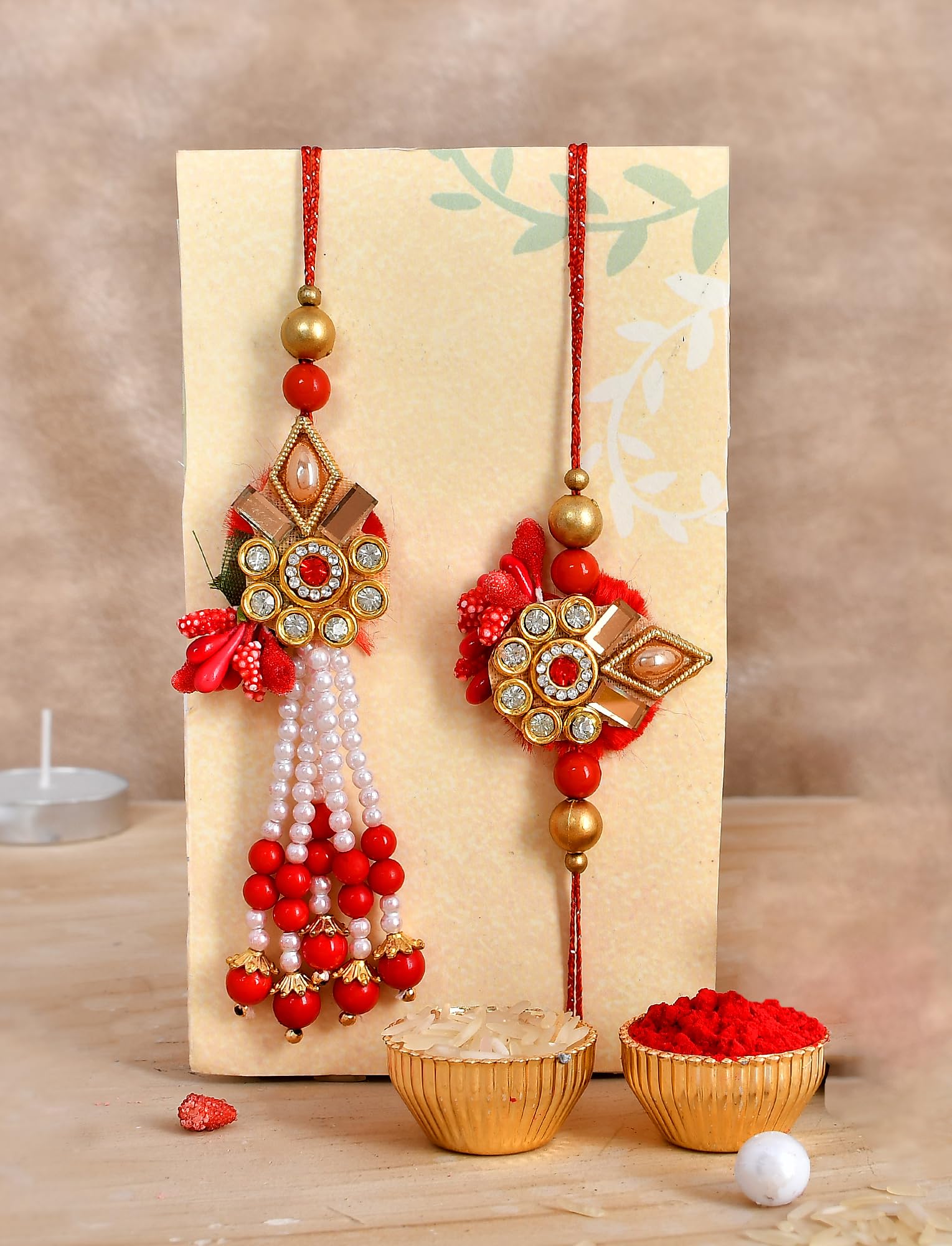 CraftVatika Bhaiya Bhabhi Rakhi Gift Combo Set - Peacock Rakhi with Papermache Peacock Showpiece Set of 3 - Handmade Lumba Rakhi for Bhabhi - Rakshabandhan Rakhi Gift Set 1
