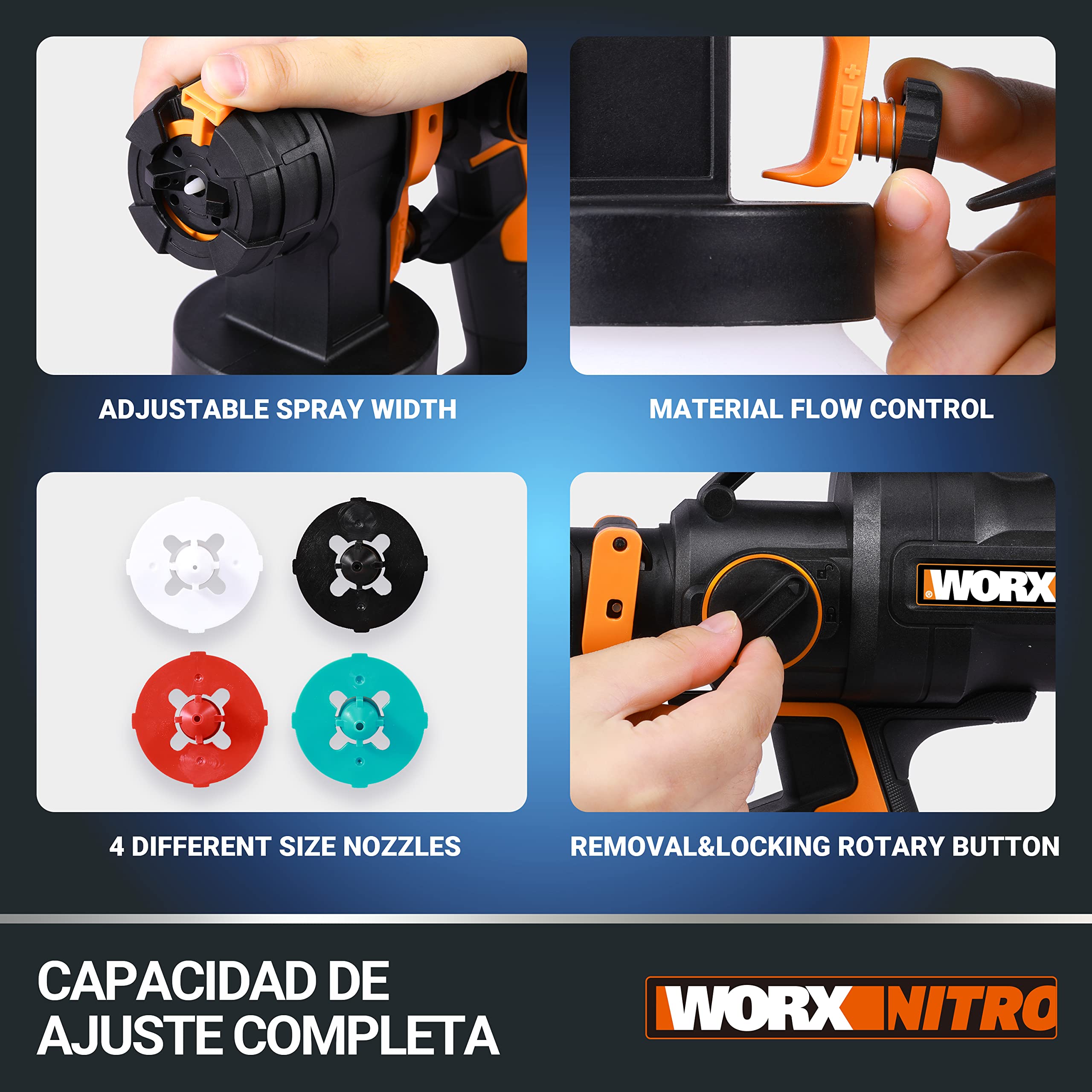 WORX WX020.9 Pistola Pulverizadora de Pintura 20V Brushless 20KPa Sin Batería, Boquillas Múltiples para Paredes, Muebles y Exteriores, Tecnología HVLP