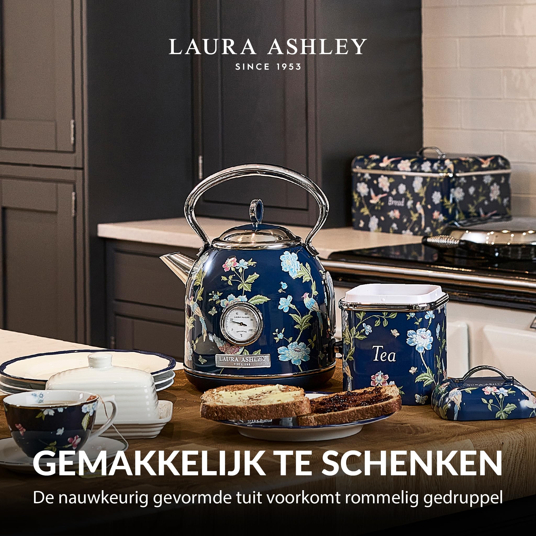 VQ Laura Ashley Bezprzewodowy Elektryczny Czajnik Elveden Navy - Pojemność 1,7 Litra, 2,2 kW Szybkie Gotować, Ochrona Przed Przegrzaniem i Wskaźnikiem Temperatury Vintage Czajnik