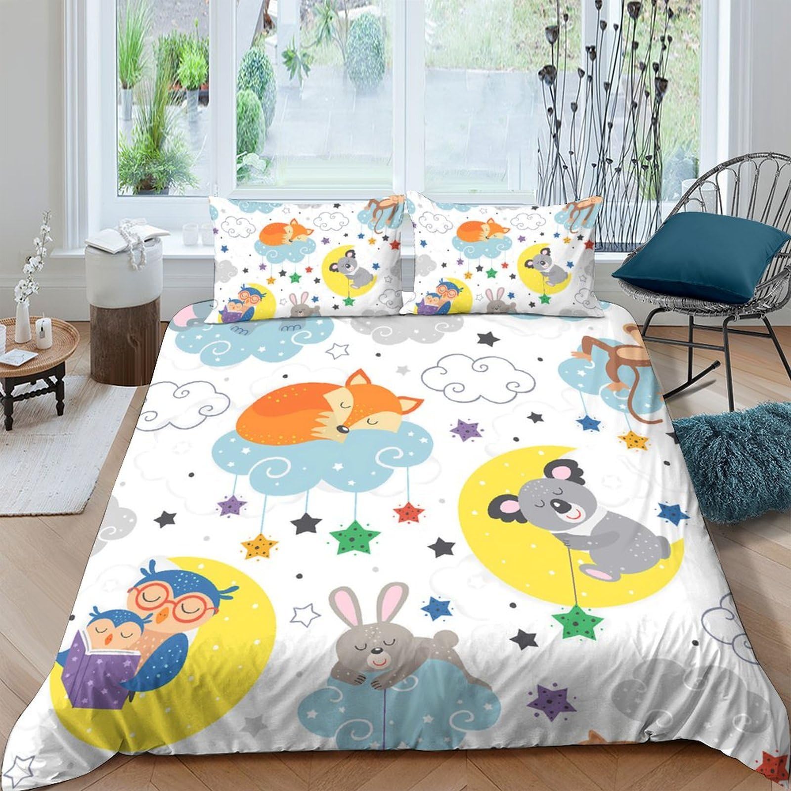 Ctjqhvkz Style-6 3D Printed Cartoon Animal Fitted Sheet Microfiber Soft Breathable Cloud Moon Mattress Cover For Bedroom Dorm Decorative Single（135X200cm）