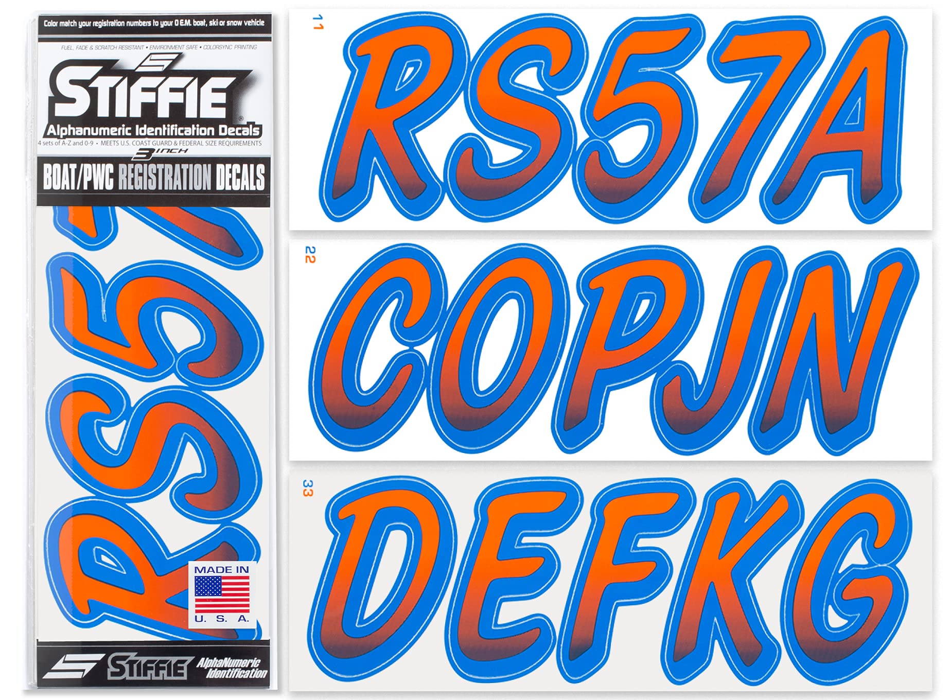 STIFFIE Whipline Orange/Blue 3" Boat &amp; PWC Registration Decals • Numbers Letters Stickers