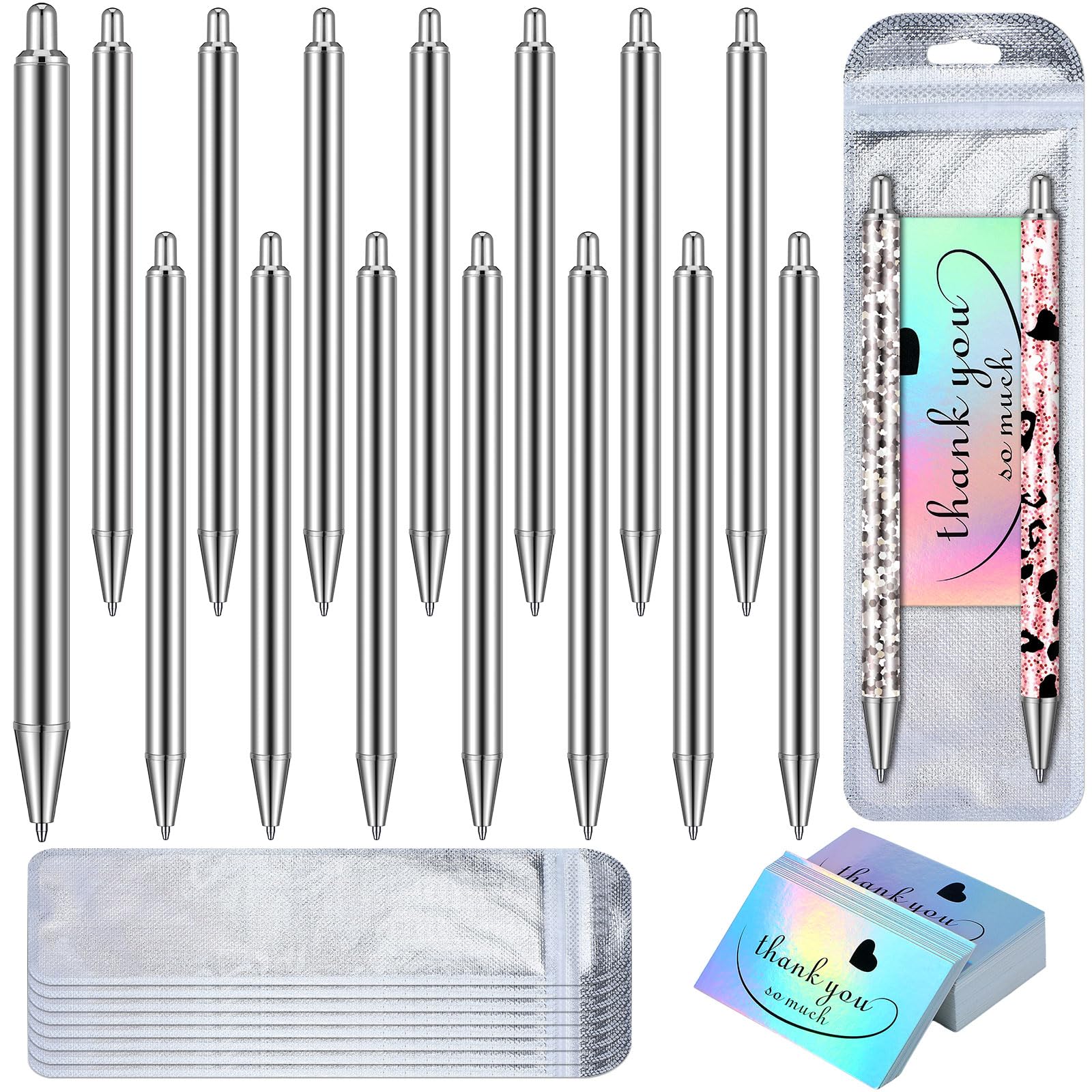 Qilery 15 Set Stainless Steel Resin Blank Epoxy Pens for UV Dtf Wraps Sublimation Pen Gifts Resealable Pouch Bag and Holographic Thank You Cards Set