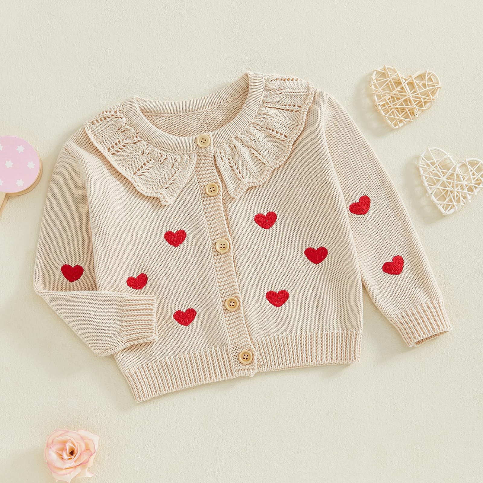 Toddler Baby Girl Sweater Cardigan Heart Embroidery Doll Collar Long Sleeve Button Knitwear Coat (Apricot, 4-5 Years)