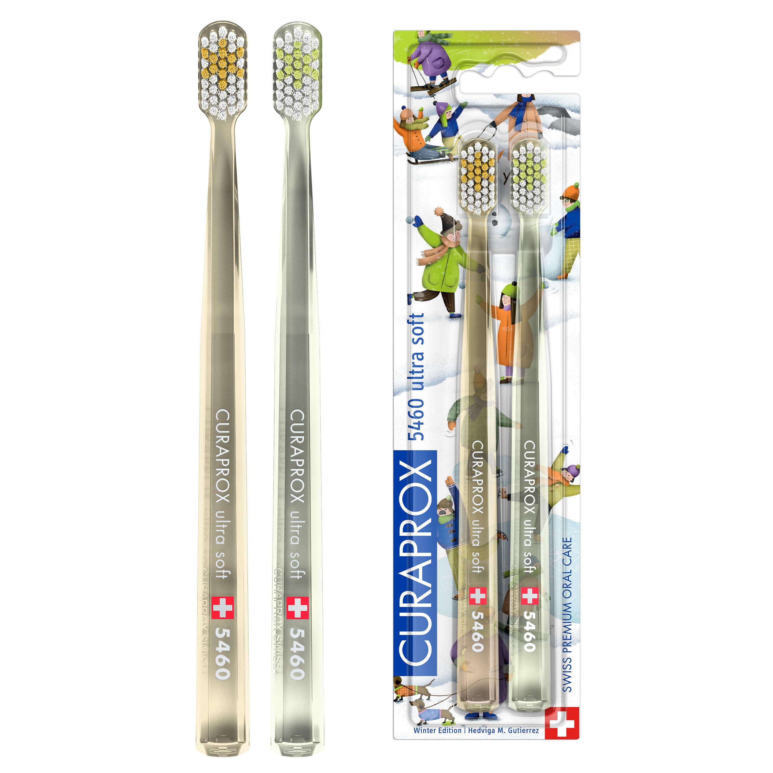 Curaprox Cepillo de dientes Manual Edición de Invierno 2024 / Ultrasuave para Encías y Dientes Sensibles/​Paquete de 2, Diseño de Temporada/​Verde-​Transparente/​Fabricado en Suiza