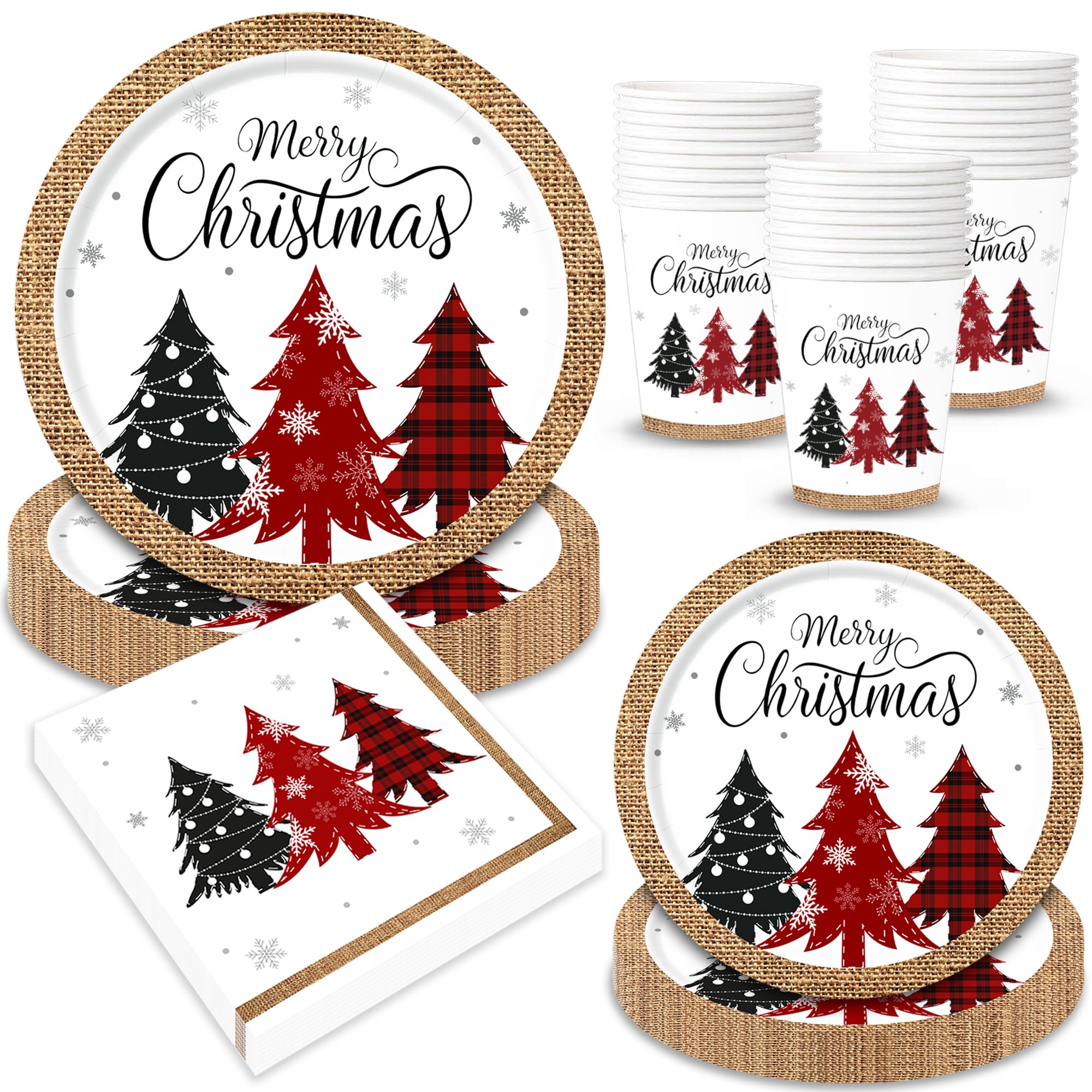 Platos y servilletas de papel de Navidad, platos de Navidad desechables (sirve para 25), platos y servilletas de árbol de Navidad incluye platos llanos, platos de postre, servilletas y tazas,