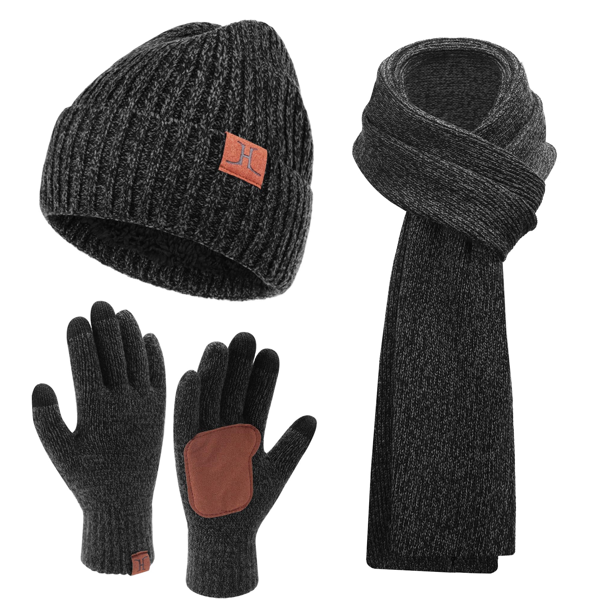 Mens Winter Knit Hat Beanie Long Neck Scarf Touchscreen Gloves Set Fleece Skull Caps Gifts for Men Women