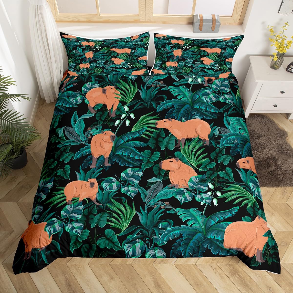 Homewish Kids Capybara Bedding Set Single Size - Cute Capybara Duvet Cover for Teens Boys Girls - Green Palm Leaves Pattern Bed Set with 1 Pillowcase - Funny Wild Animals Quilt Cover Microfibre โ image 1