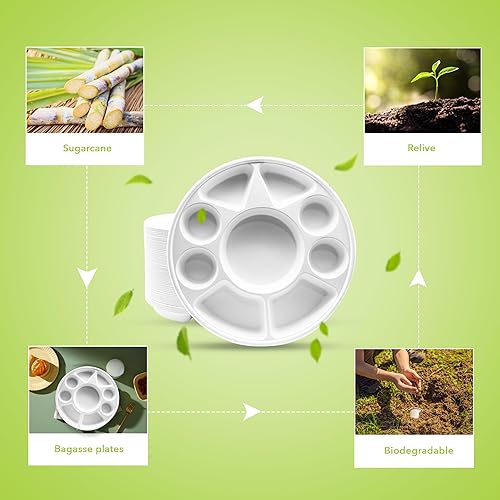 Miniatura 32 de three leaf 6 COMPARTMENT BAGASSE TRAY 400 Ct. Heavy-Duty- Super Strong- Natural- Eco-Friendly Disposable Bagasse Plates, 100% Biodegradable 6