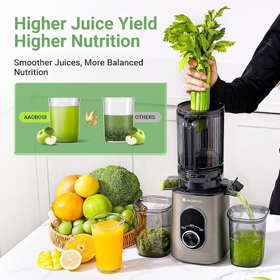 AAOBOSI Cold Press Juicer,4.35 Large Feed Chute Masticating Juicer Machines (Upgrade) High Juice Yield Slow Juice Extractor fit Fruits &Vegetables, Easy to Clean, New Designed for Home and Travel