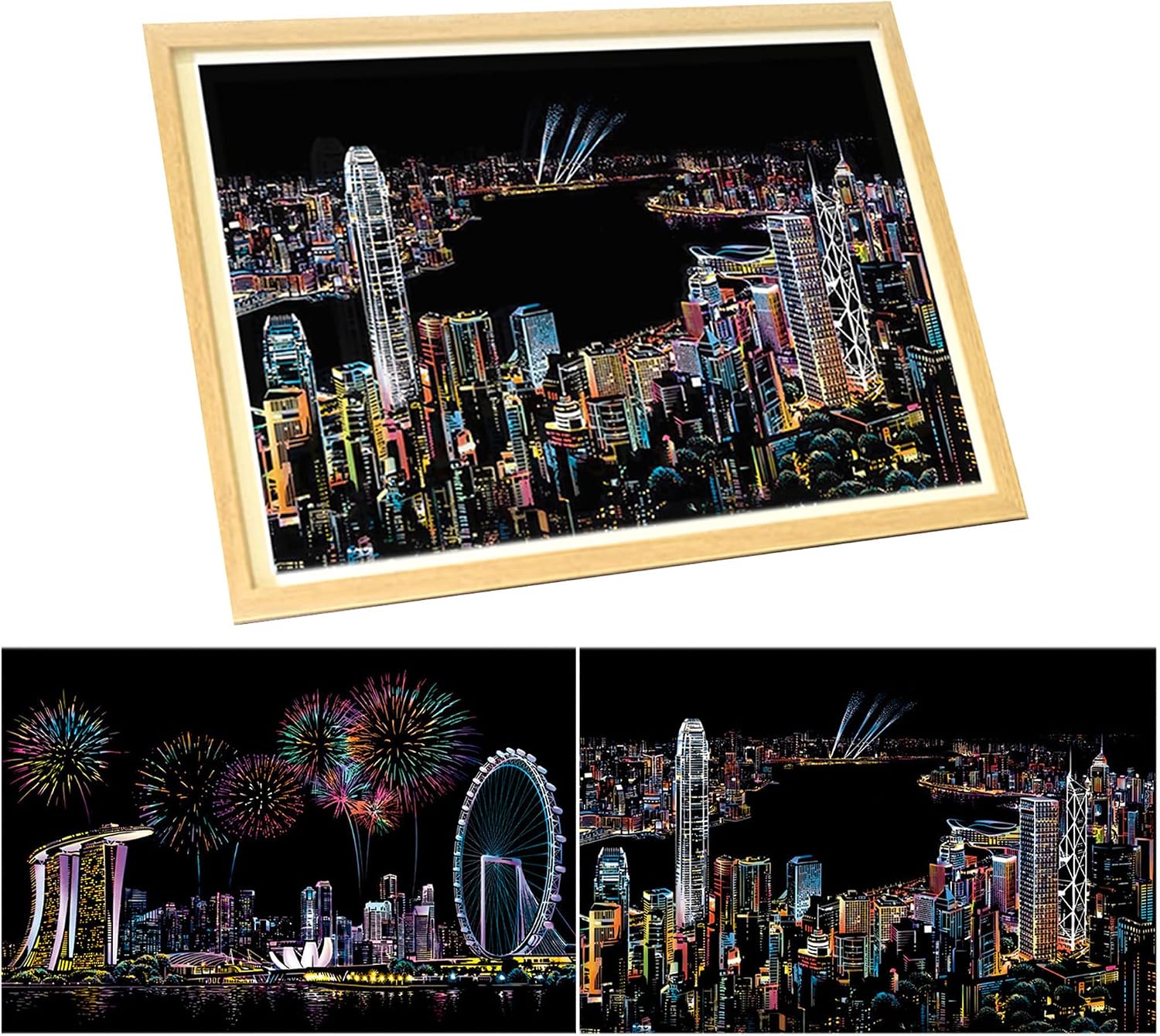 Rainbow Scratch Painting Paper，Rainbow Painting Sketch Pad Adult City Night View - [2PC, with Tools] 16.5X 11.5 inches (Victoria Harbour + Singapore)