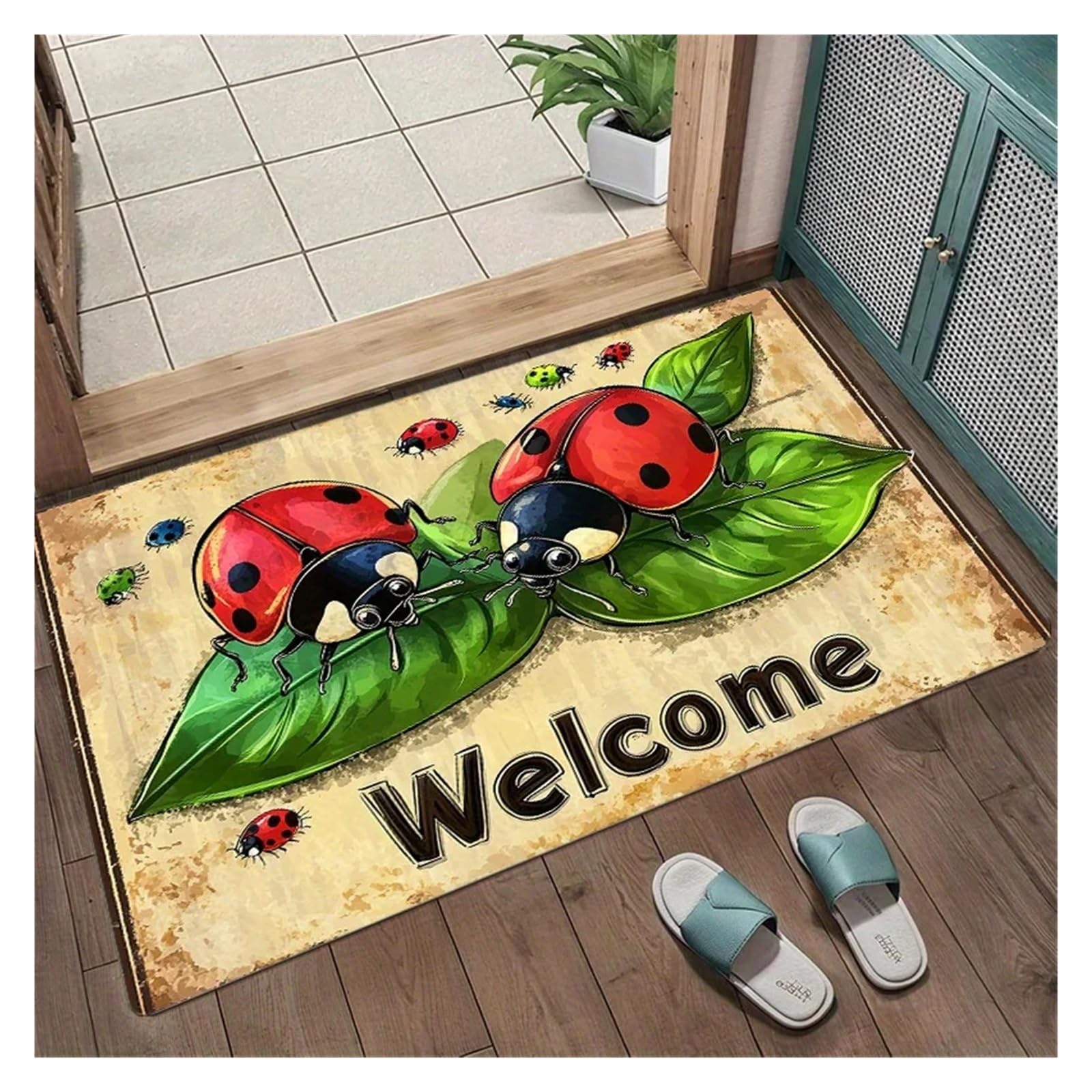 1pc Cartoon Marienkäfer Teppich Grün Blatt Boden Matte Weiche Fußmatte Willkommen Warme for Schlafzimmer for Wohnzimmer Hause Decor(80X120CM 2.6X3.9FT)