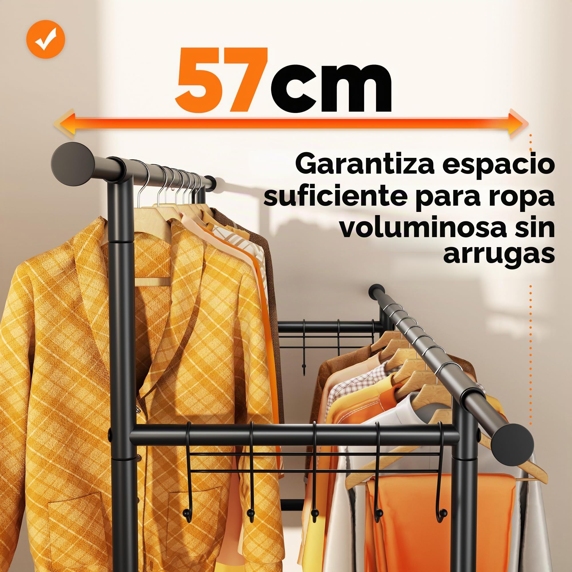 HOKEEPER Perchero de Doble Barra con Ruedas y Estante, Negro | Resistente 204kg , Portátil para Dormitorio, Lavandería y Abrigos, Negro